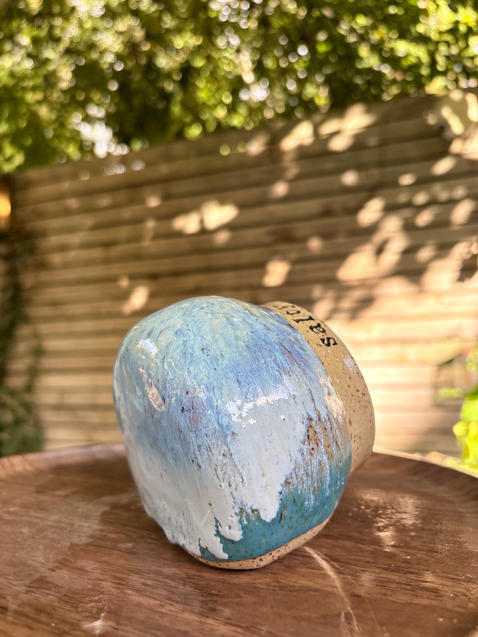 "salty  bitch" salt pig (L, blues, flecked clay)