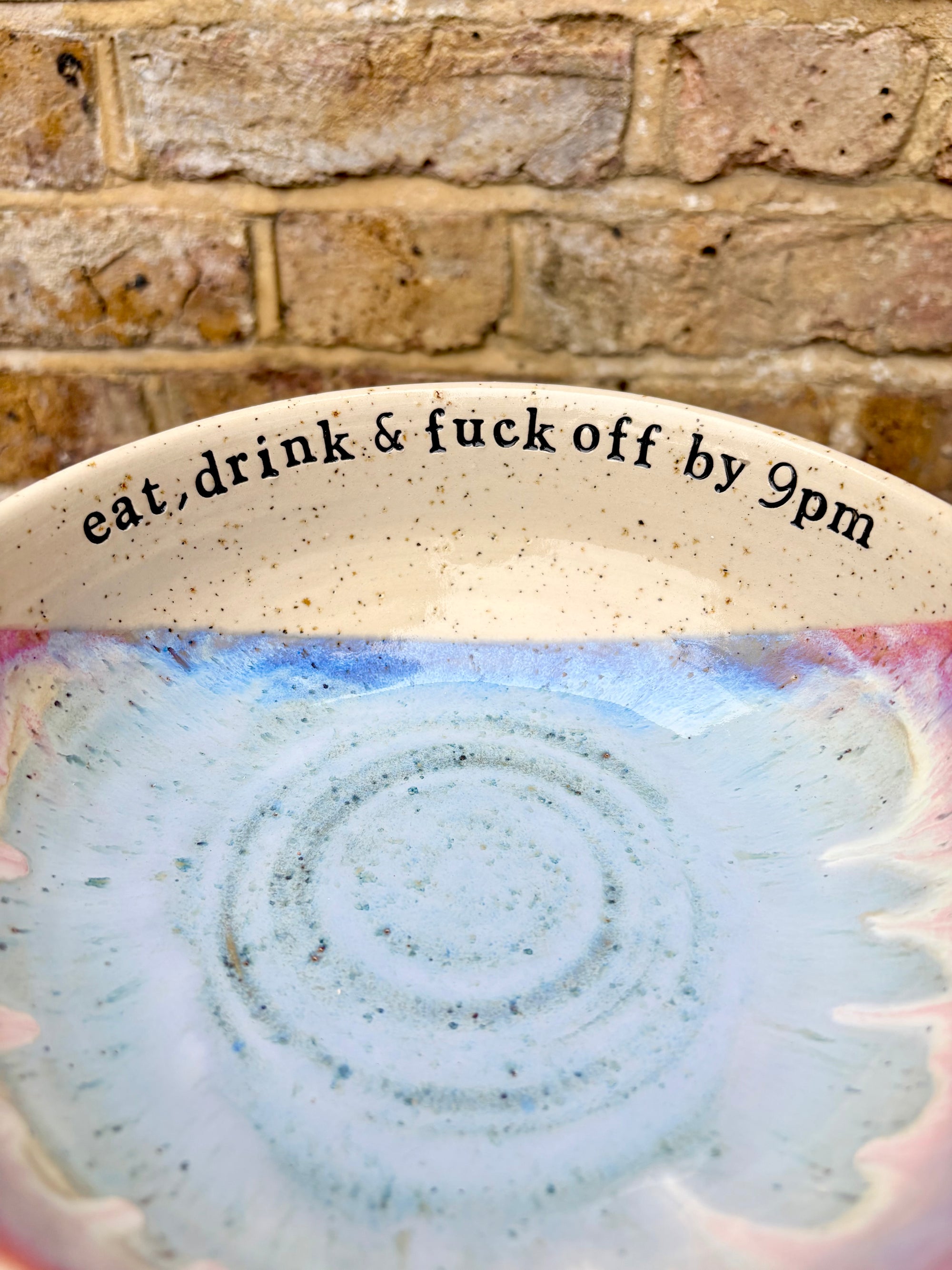 “eat, drink and fuck off by 9pm" round salad/pasta bowl (pastels, flecked clay)