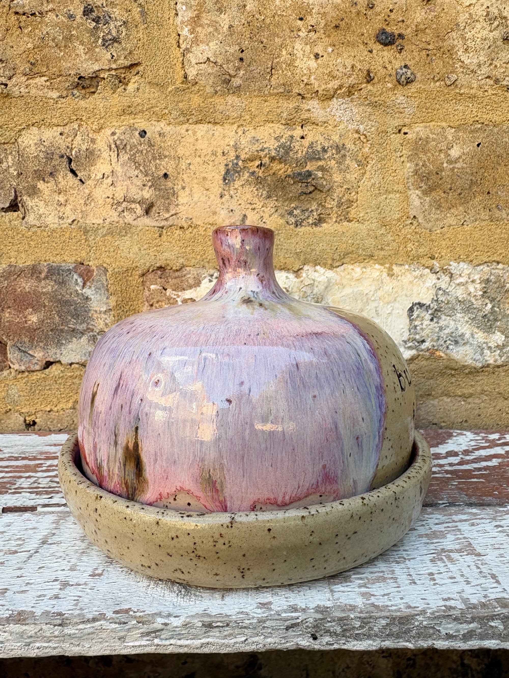 Butter Dish (butter slut, pink wood, flecked clay, knob)