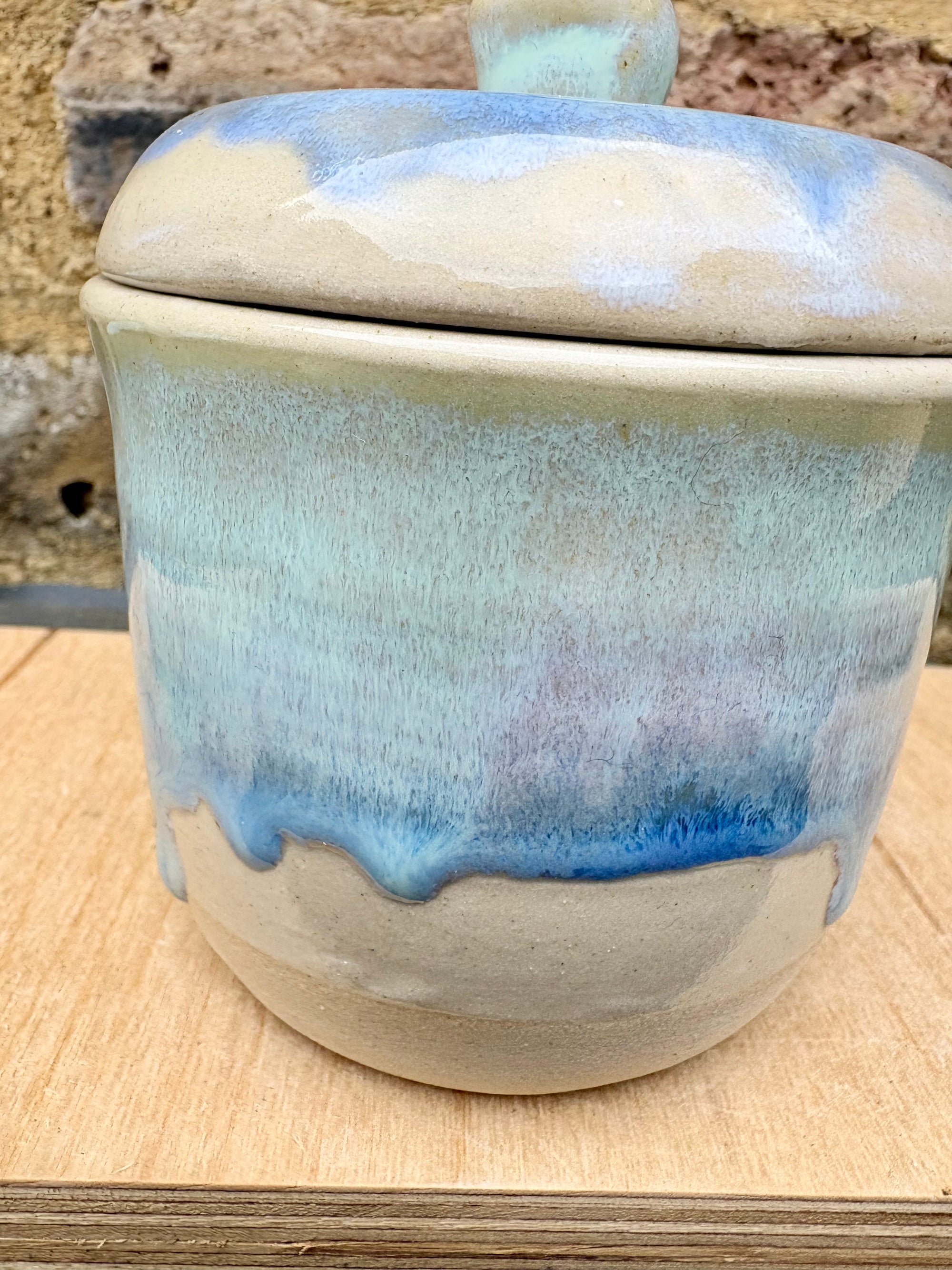 "my happy pills live here" lidded pot (oyster blue)