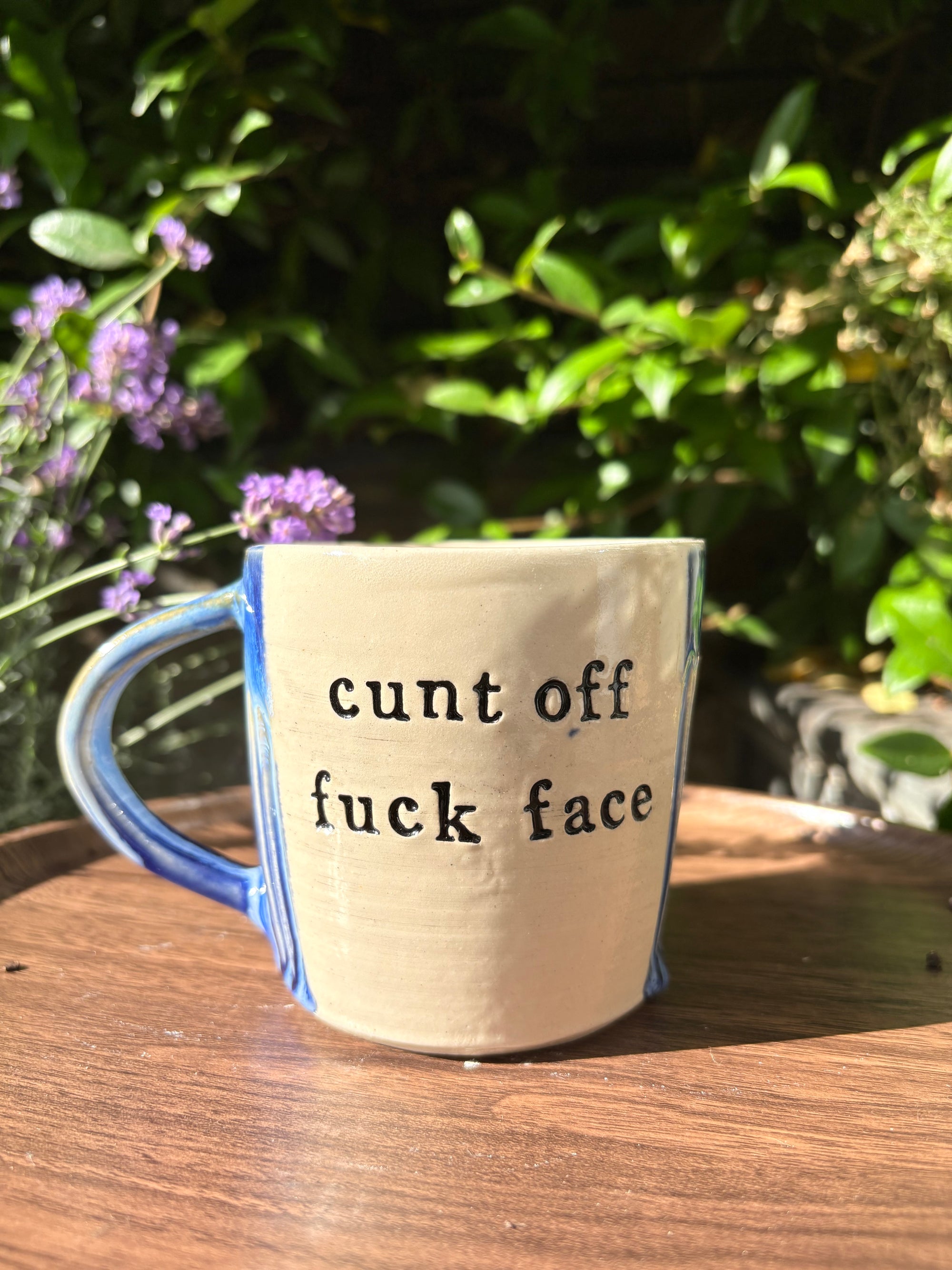 “Cunt off fuck face" mug (blues)