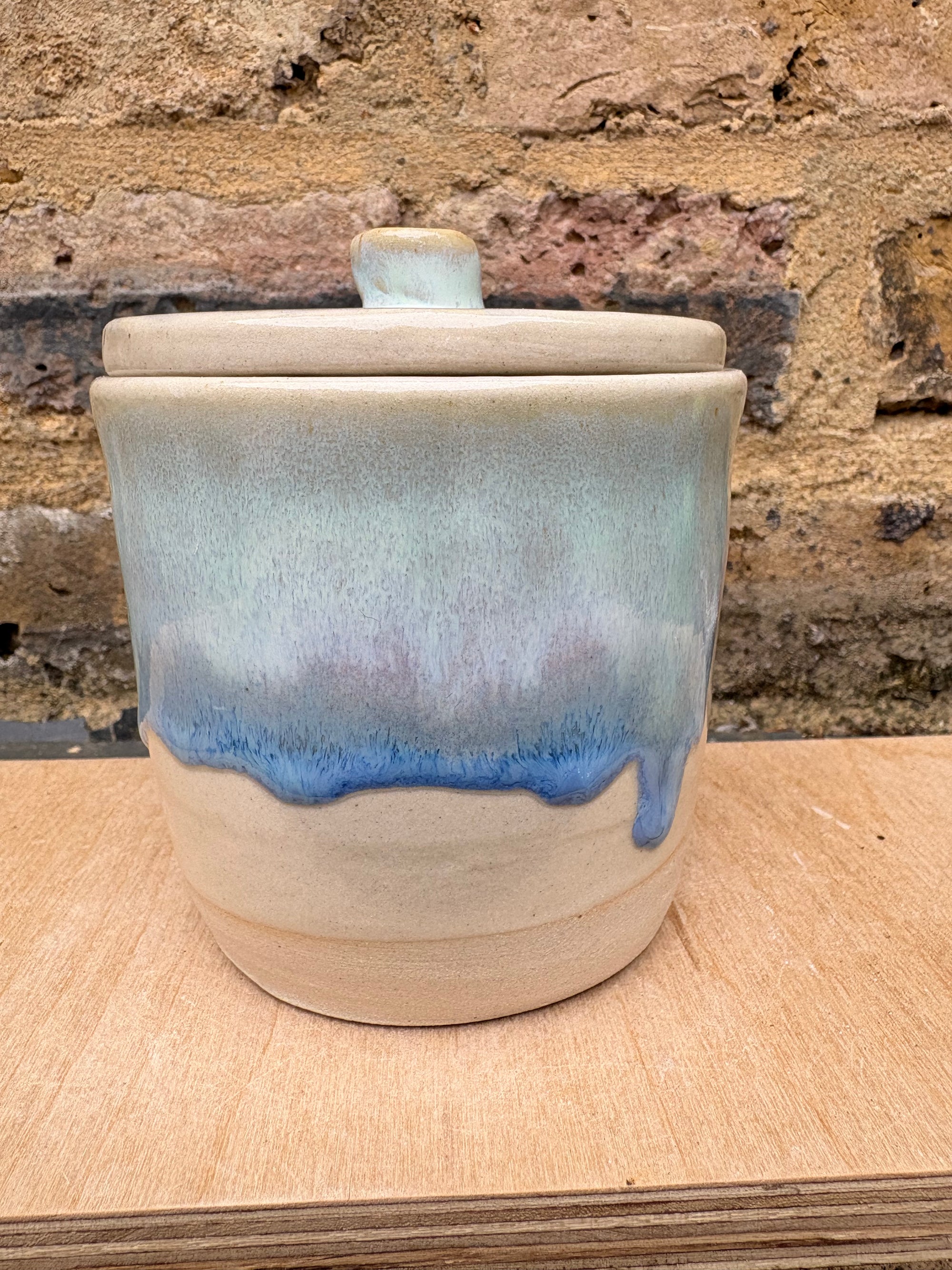 “all the good drugs" lidded pot (oyster blue)