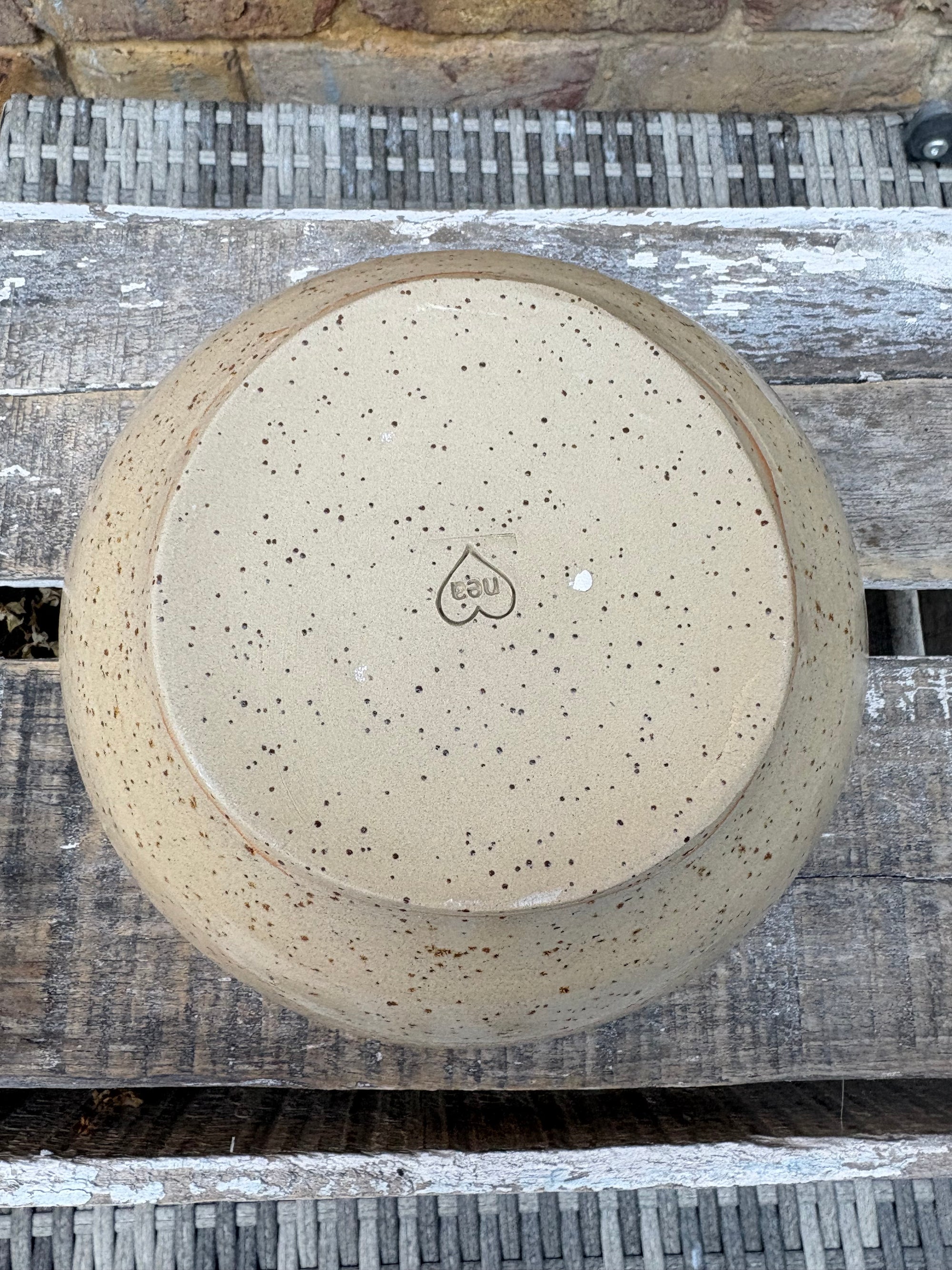 “eat, drink and fuck off by 9pm"  deep round salad/pasta bowl (pink, dark flecked clay)