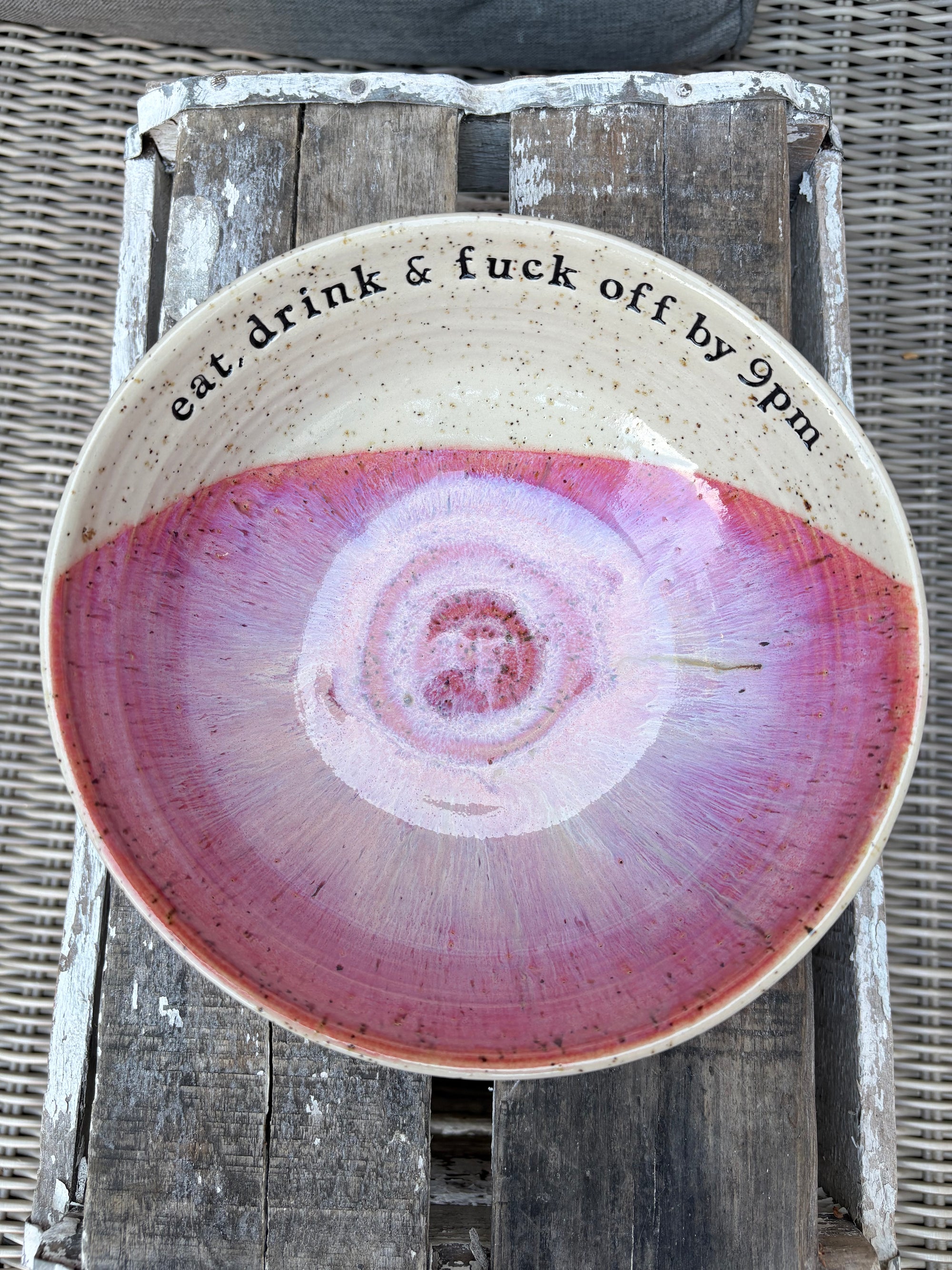“eat, drink and fuck off by 9pm"  deep round salad/pasta bowl (lilac/pink, flecked clay)