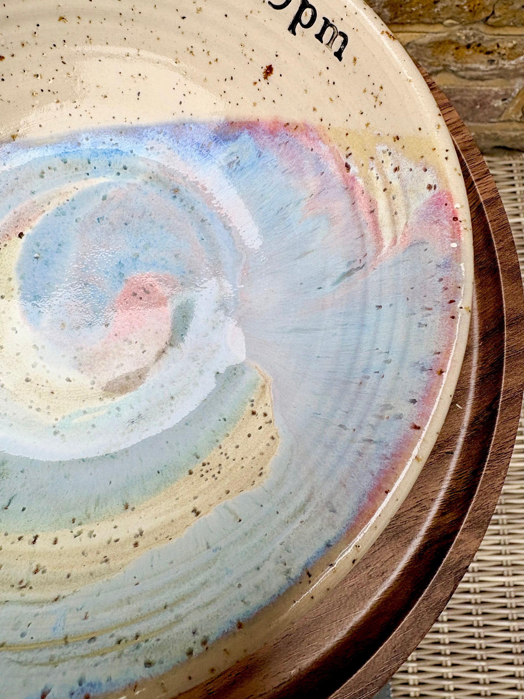 “eat, drink and fuck off by 9pm" round salad/pasta bowl (pastels, flecked clay)