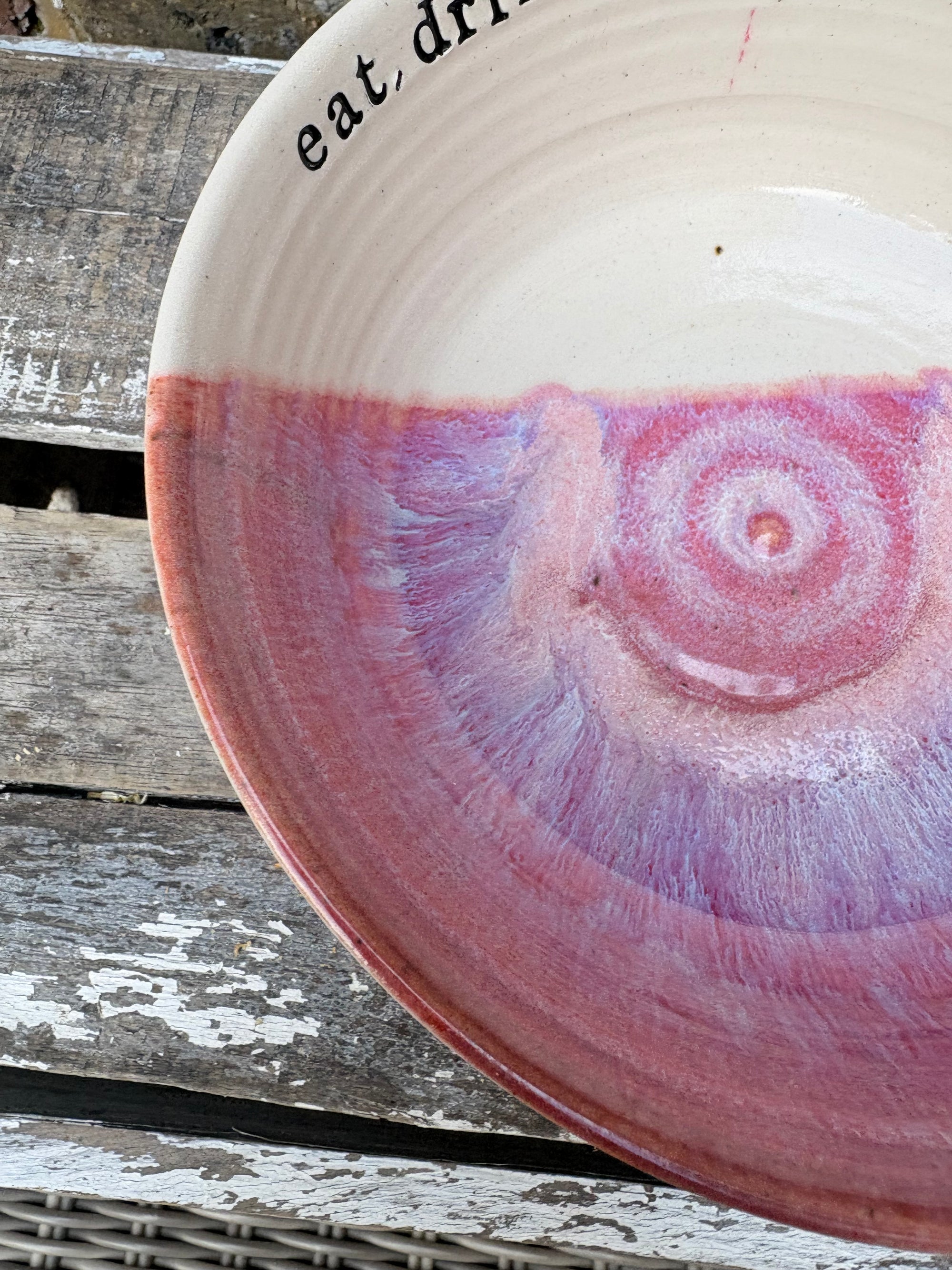 “eat, drink and fuck off by 9pm"  deep round salad/pasta bowl (pink/white, cream clay)