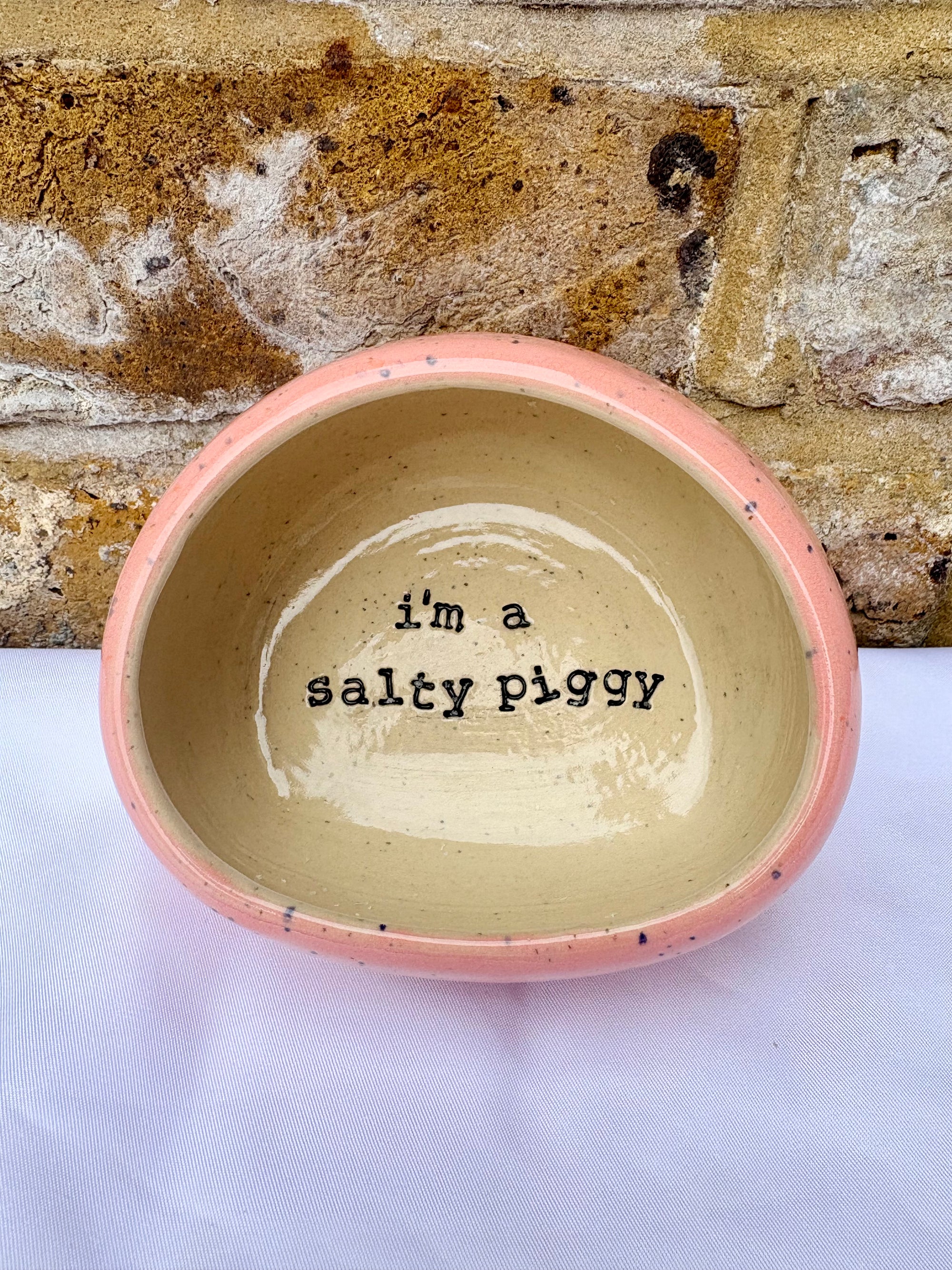 "I'm a salty piggy" Salt Pig (wheelthrown, pink speckle glaze)