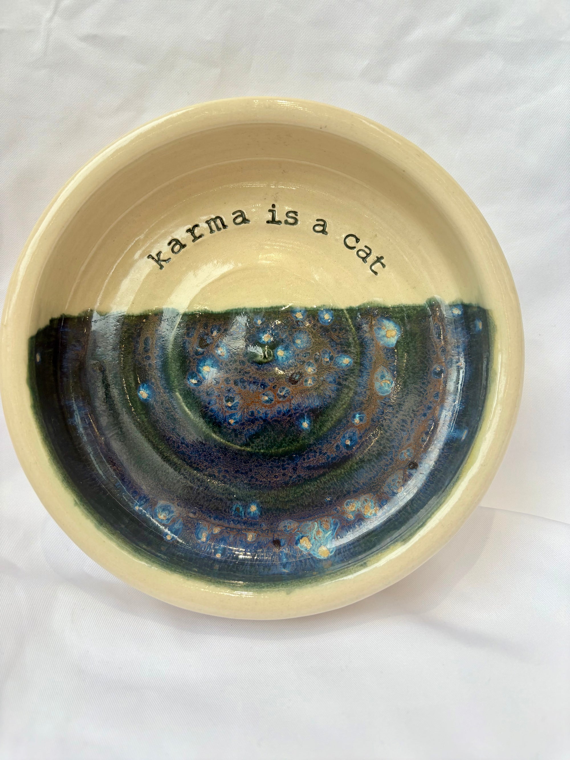 “karma is a cat” cat bowl (deep green)
