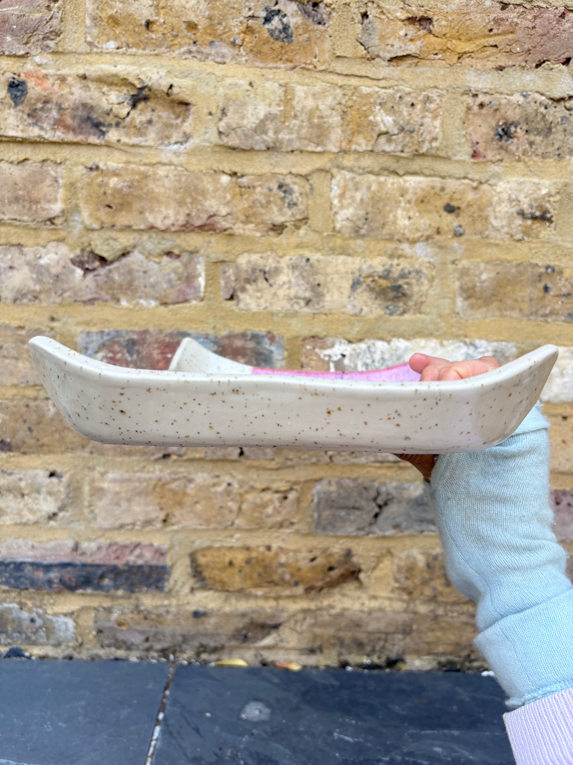 “eat, drink and fuck off by 9pm" rectangular dish (pink, flecked clay)