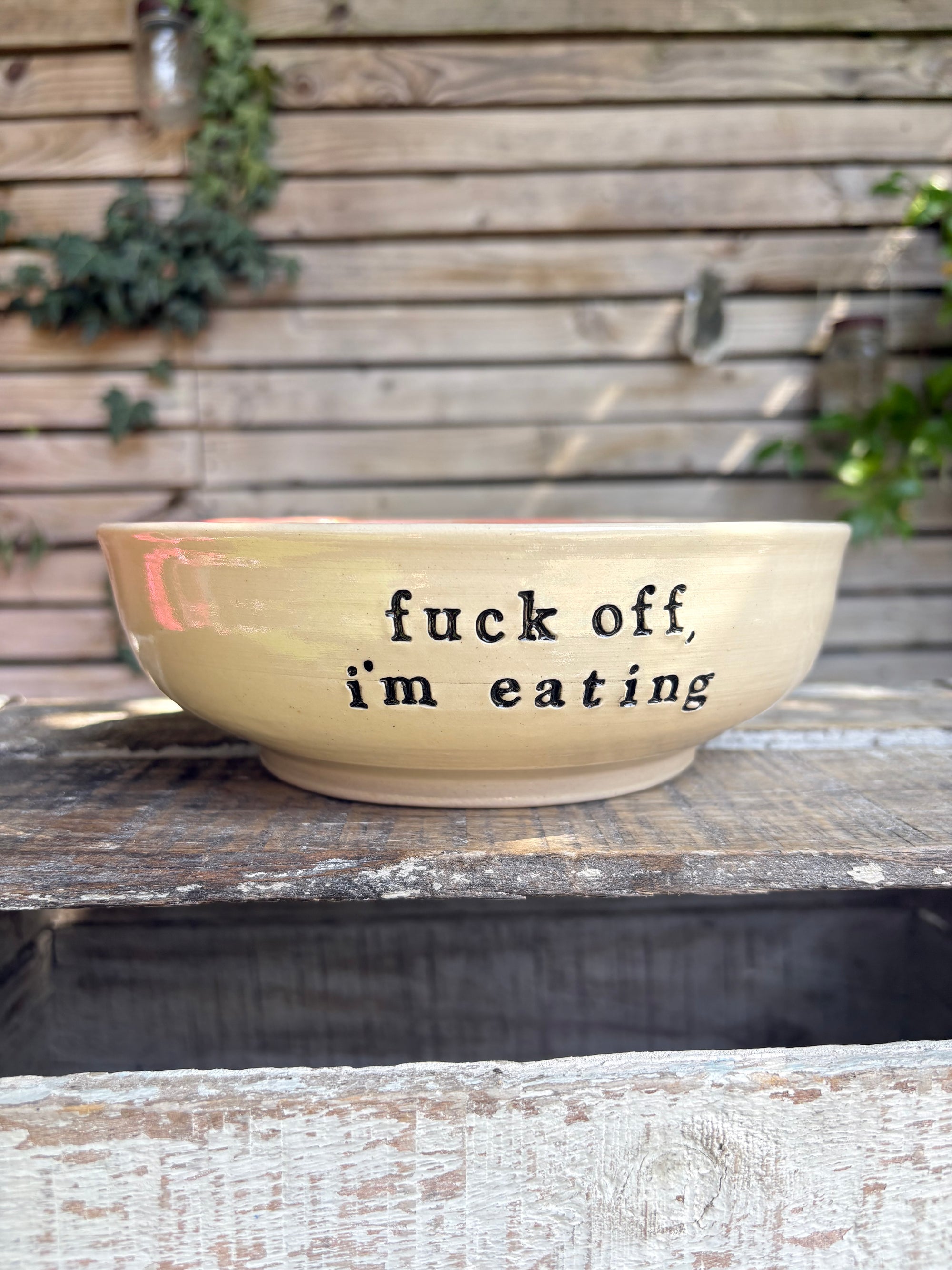 “fuck off i'm eating"  round salad/pasta bowl (pastels, cream clay)