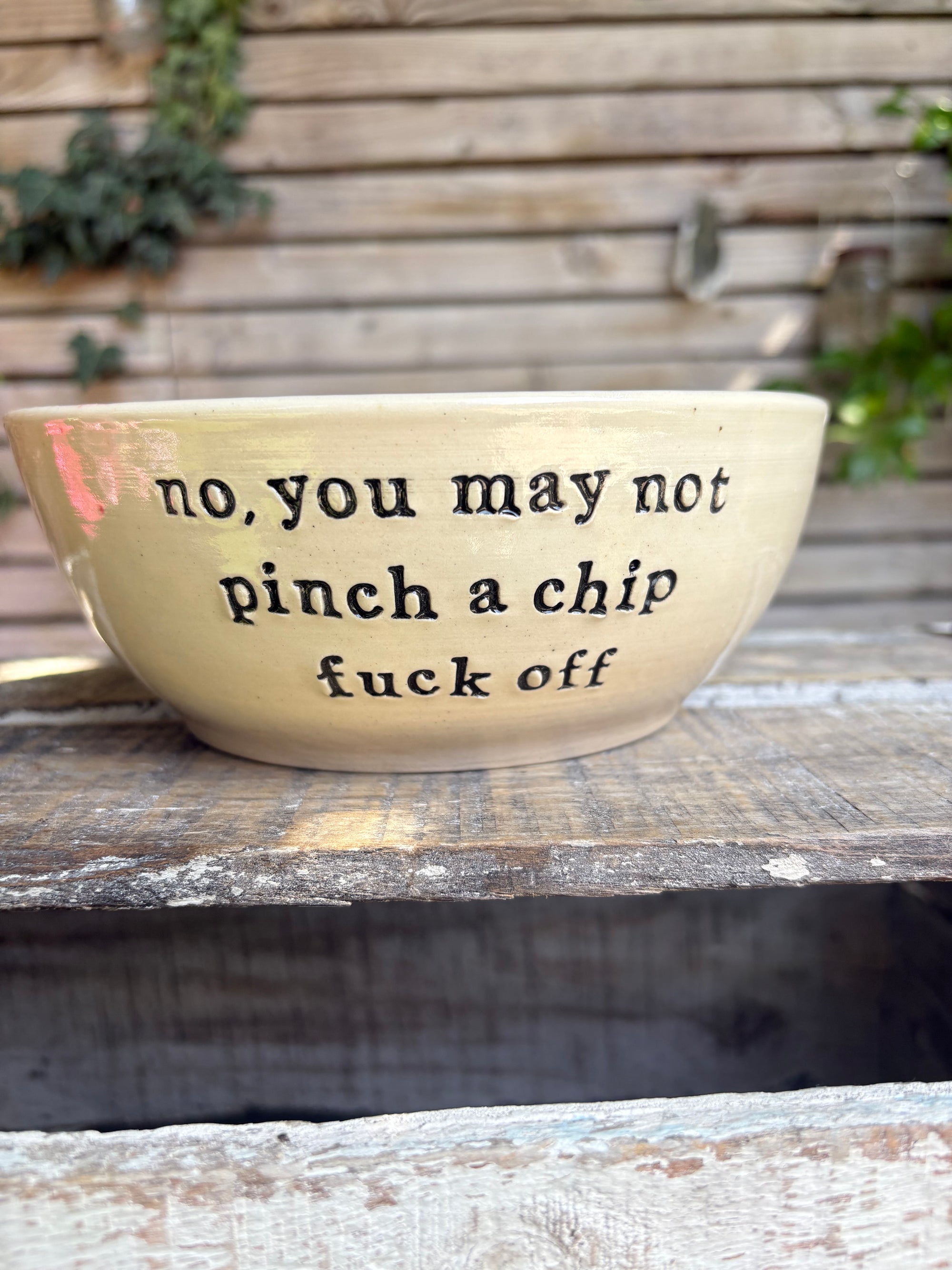 “no, you may not pinch a chip fuck off" round salad/pasta bowl (pastels, cream clay)