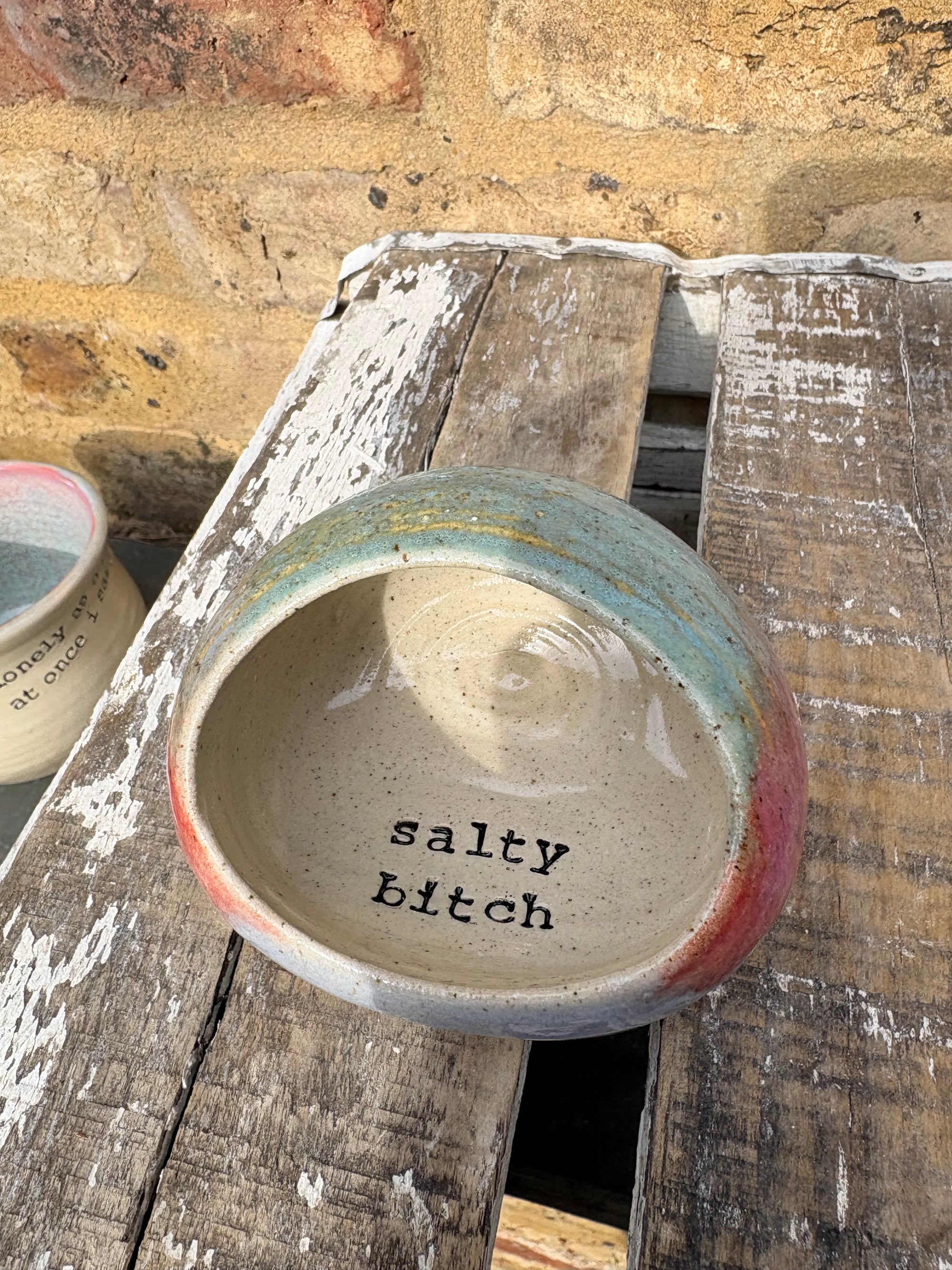 "salty bitch" table salt pig/ pinch pot (turquoise/pink)