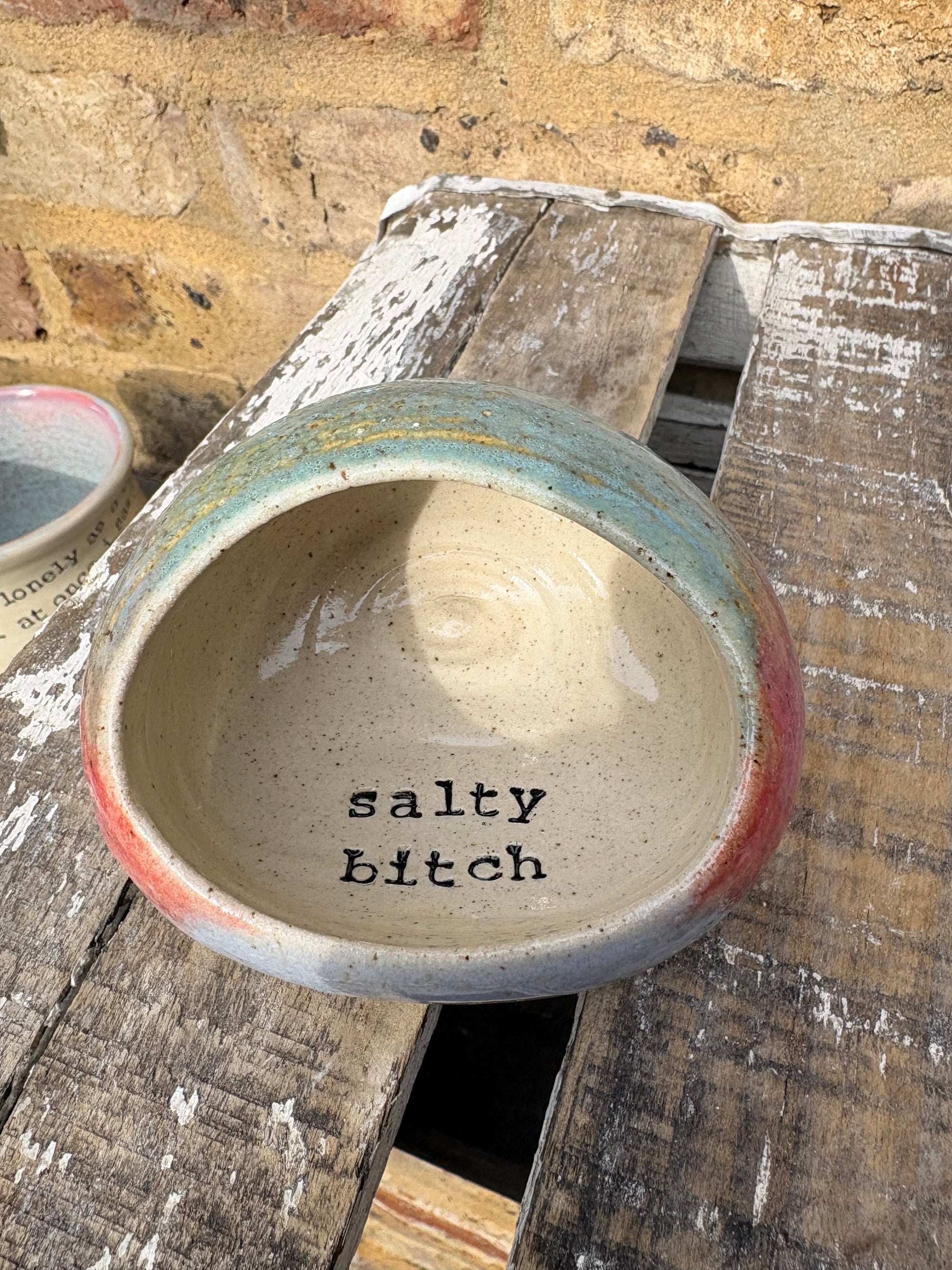 "salty bitch" table salt pig/ pinch pot (turquoise/pink)