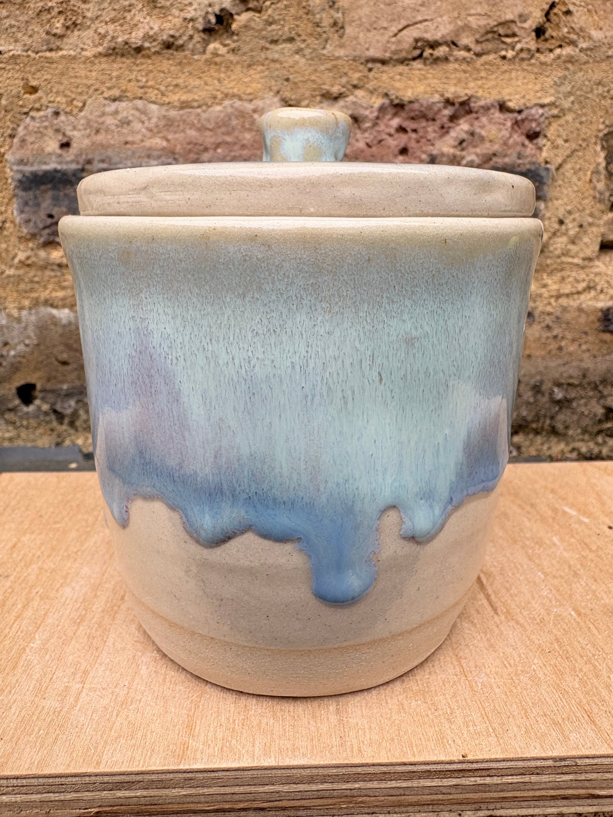 “all the good drugs" lidded pot (oyster blue)