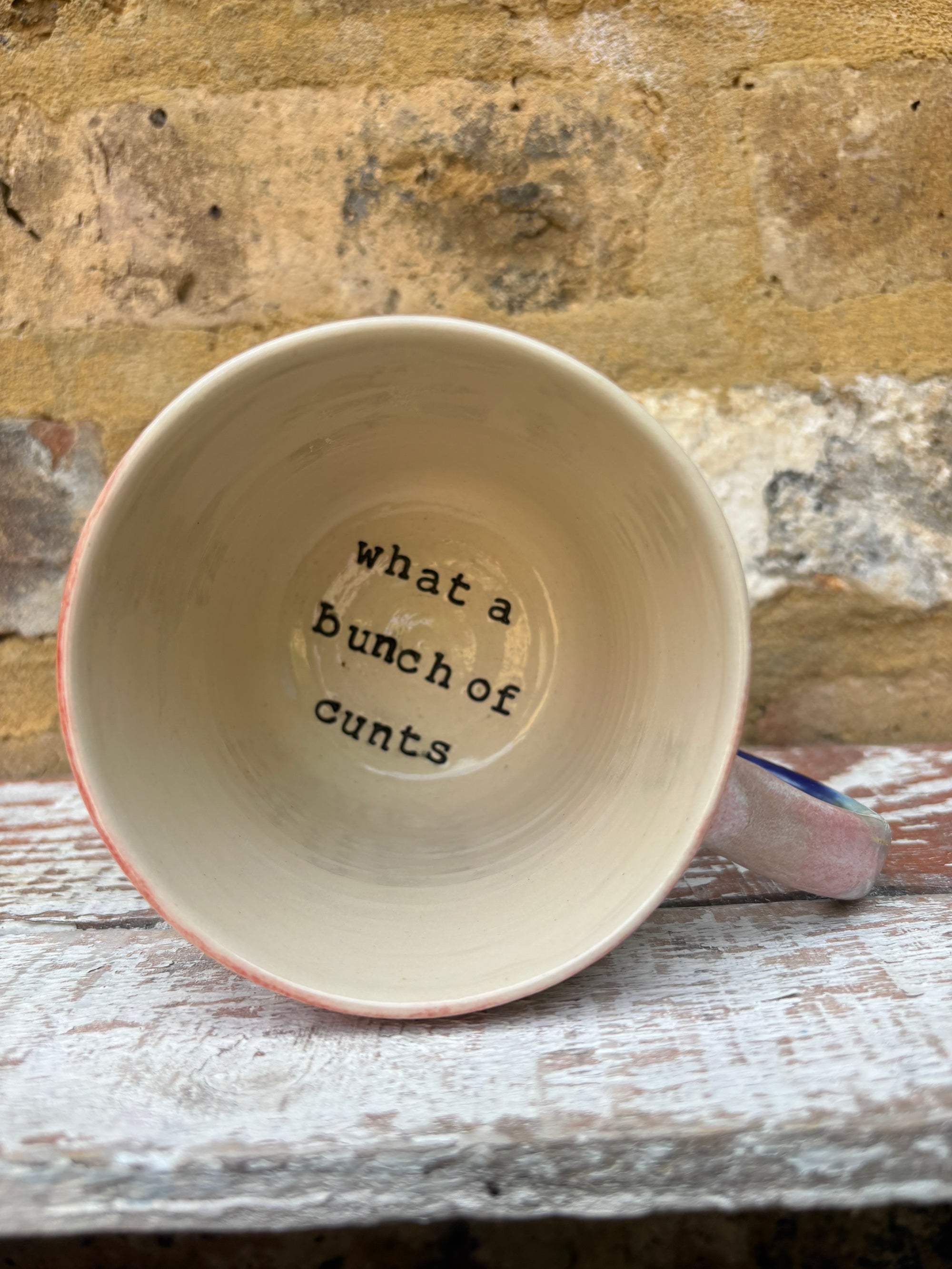 "really happy to be here” "what a bunch of cunts" mug (pink night sky, grooves)