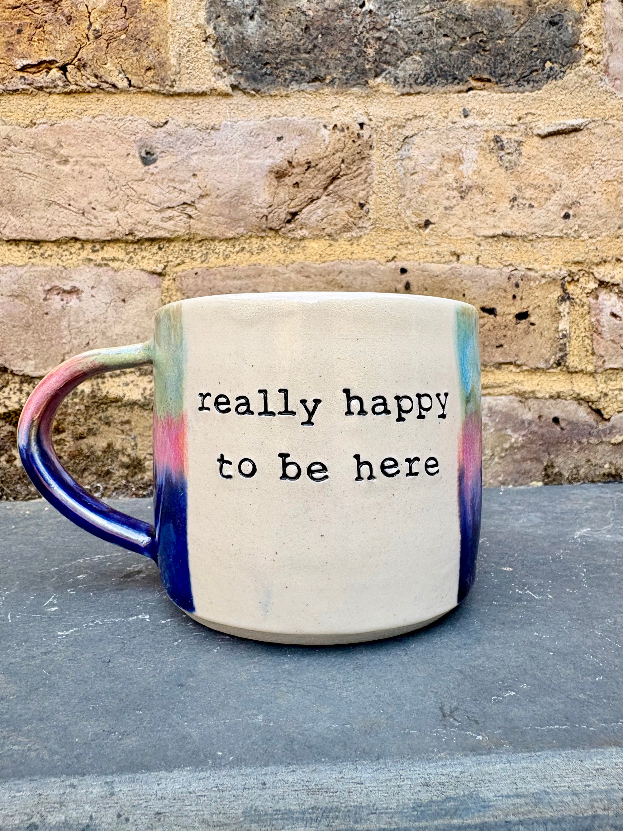 "really happy to be here” "what a bunch of cunts" mug (pink night sky)