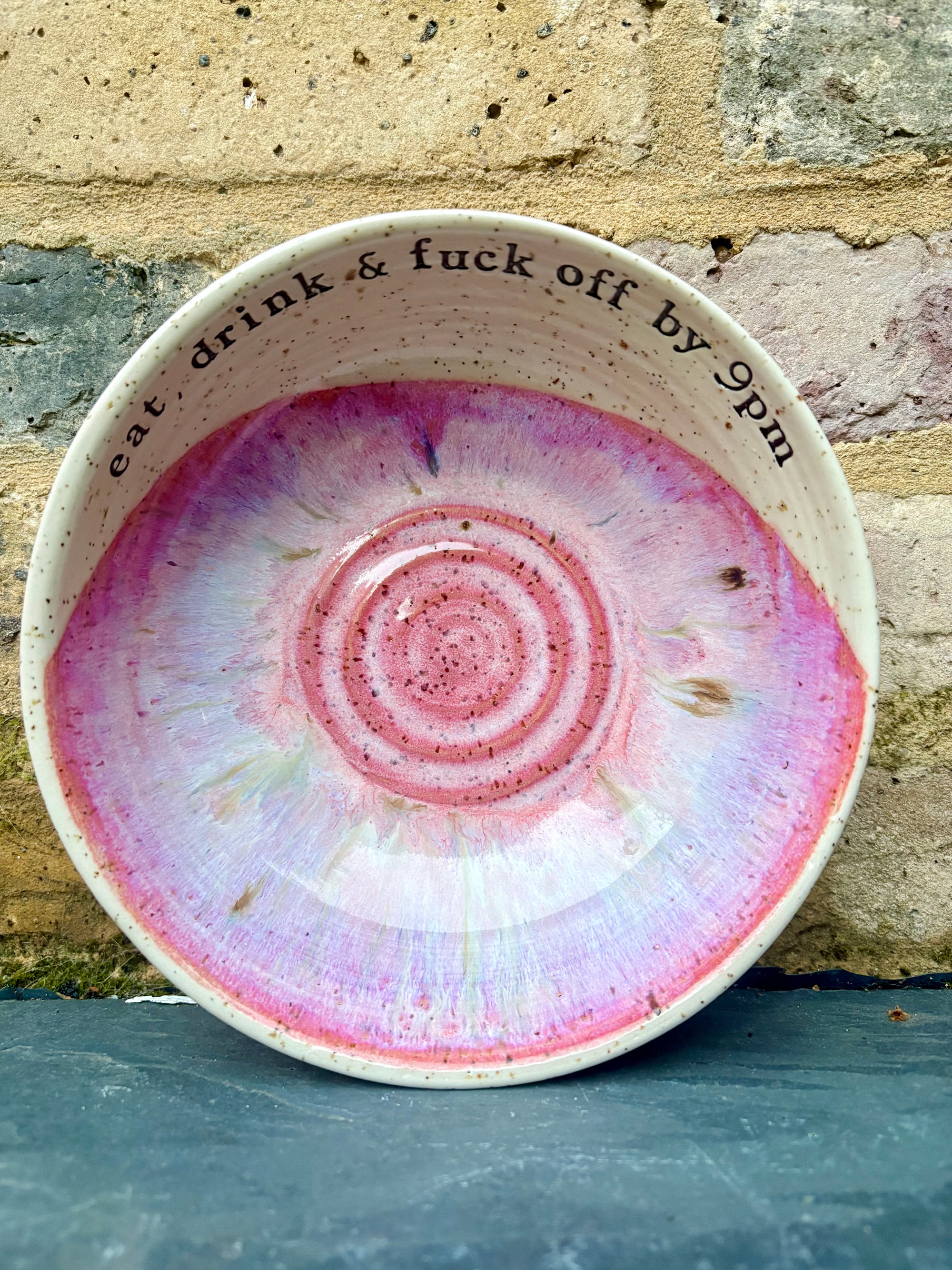 “eat, drink and fuck off by 9pm" round salad/pasta bowl (pink, flecked clay)