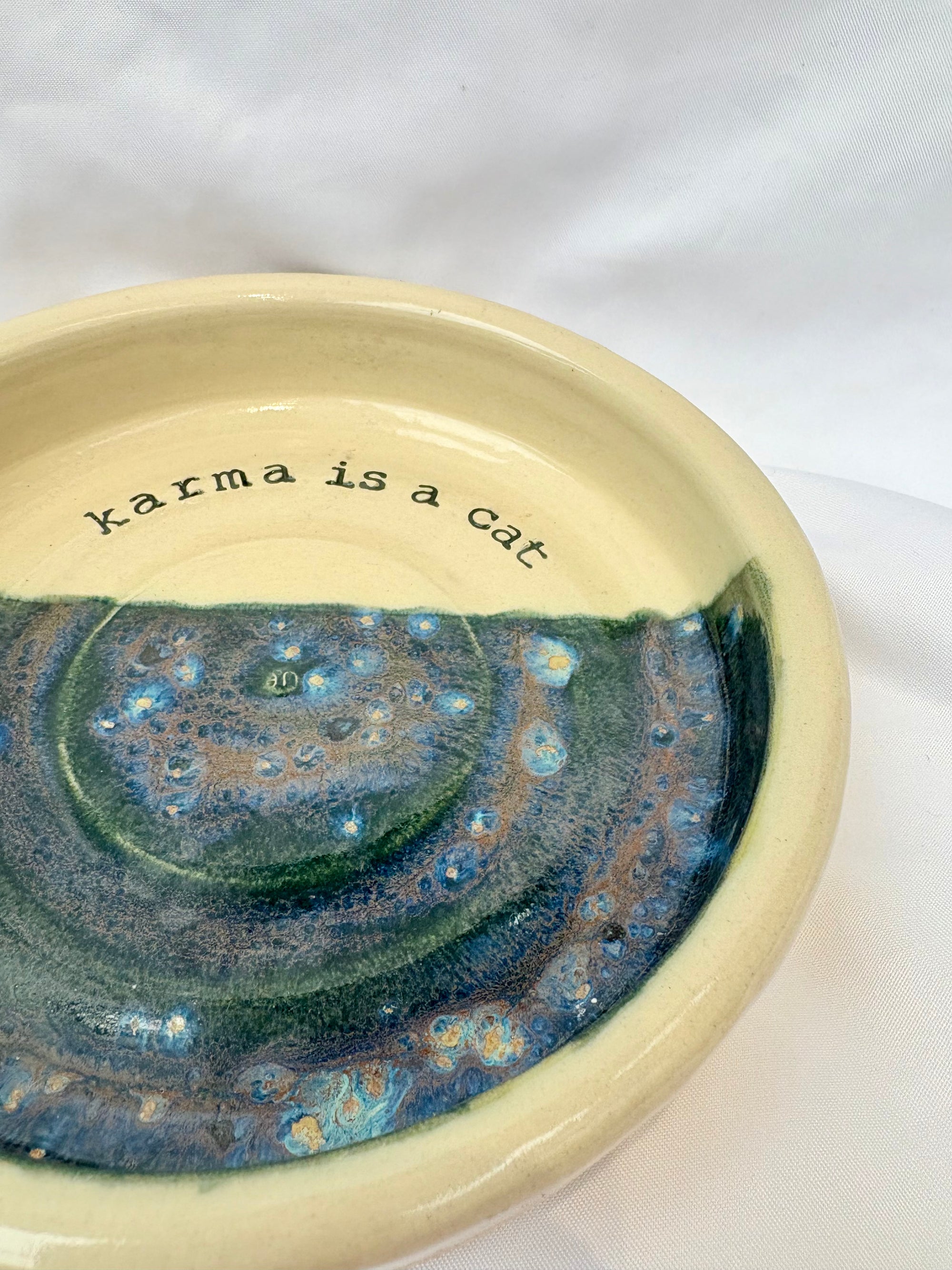 “karma is a cat” cat bowl (deep green)