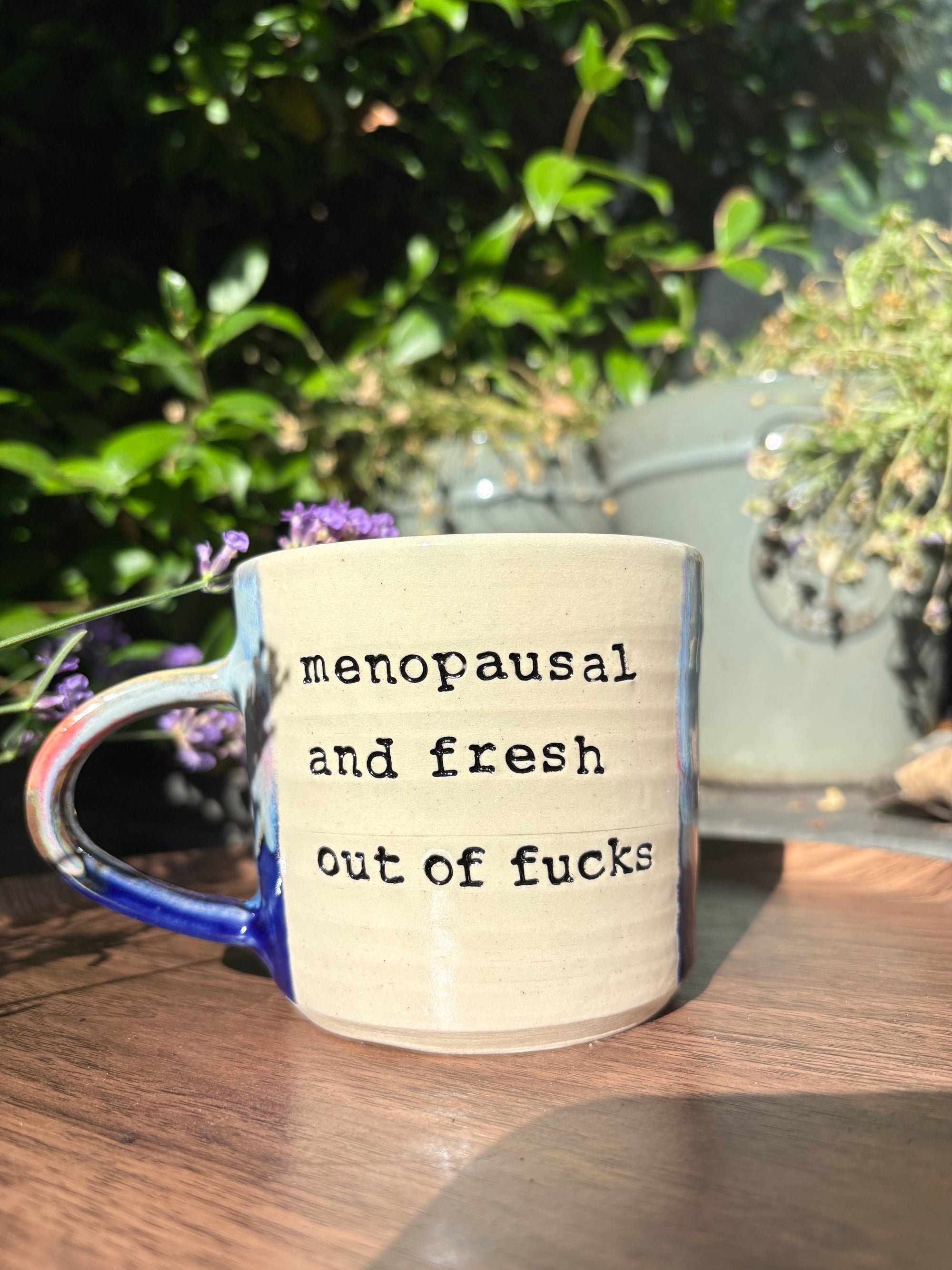 "menopausal and fresh out of fucks" mug (blues night sky)