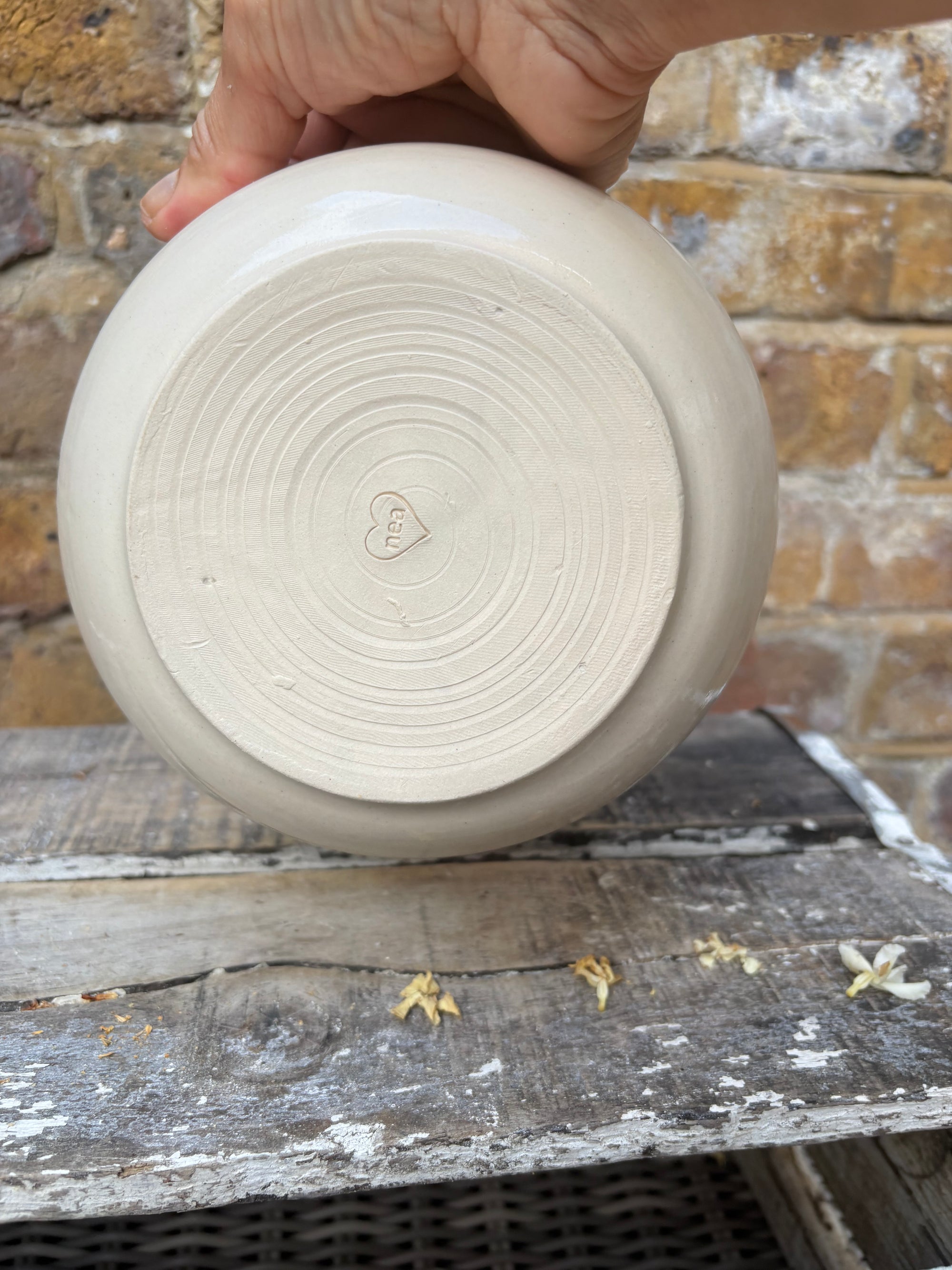 “eat, drink and fuck off by 9pm"  deep round salad/pasta bowl (pink/white, cream clay)
