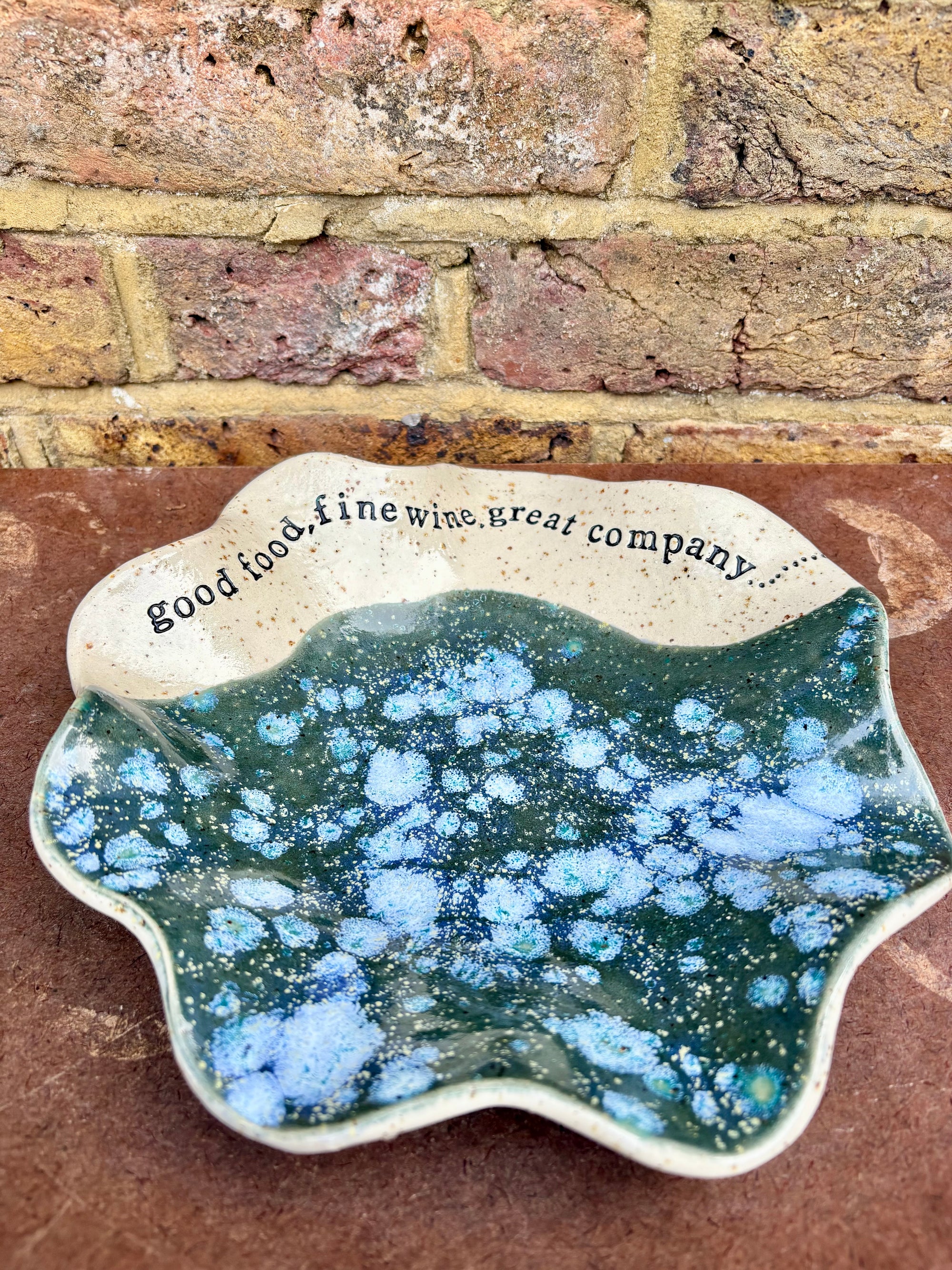 "good food, fine wine, great company..." salad/serving dish (teal green diffusion)