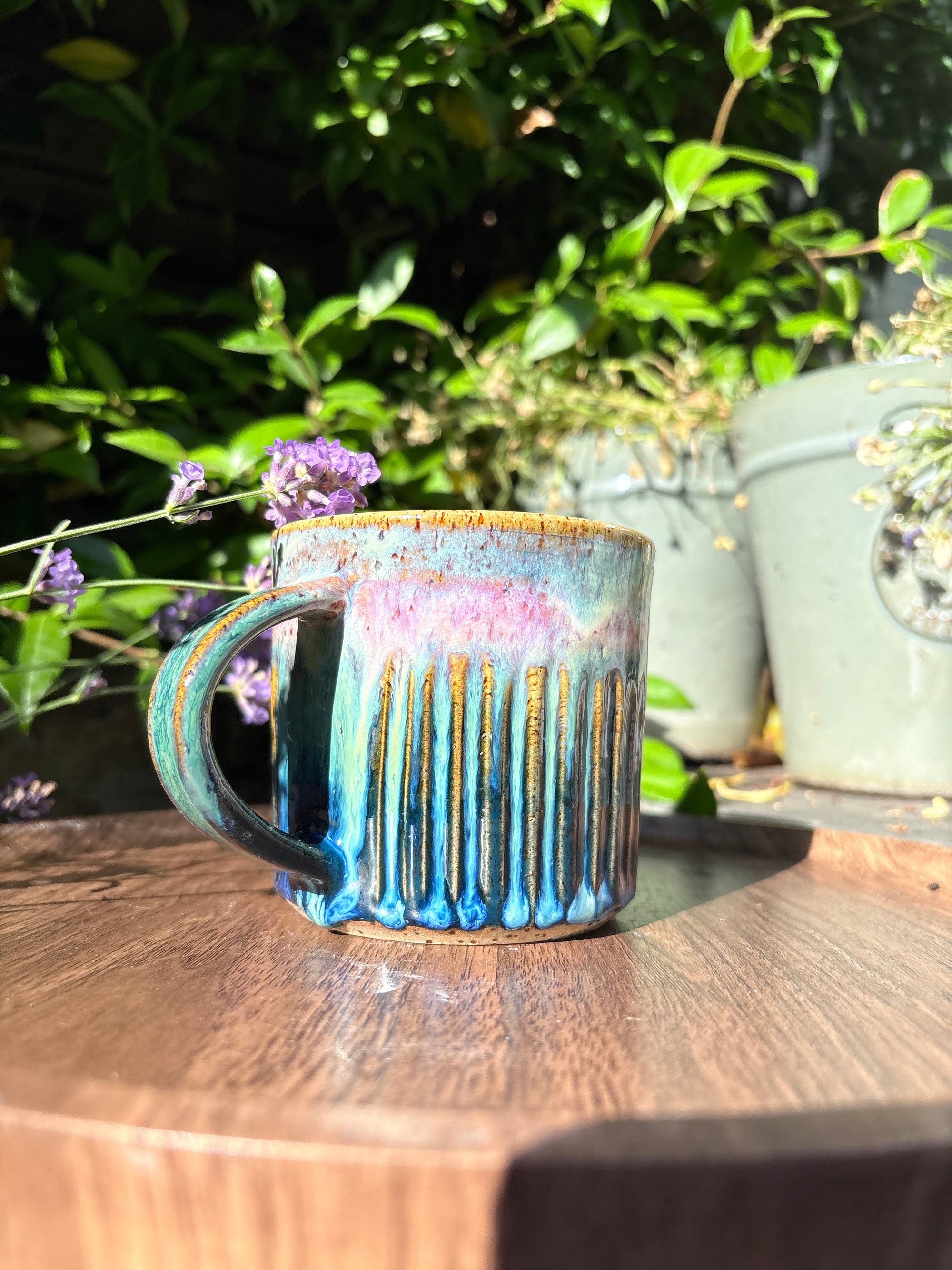 "menopausal and fresh out of fucks" mug (green/blue)