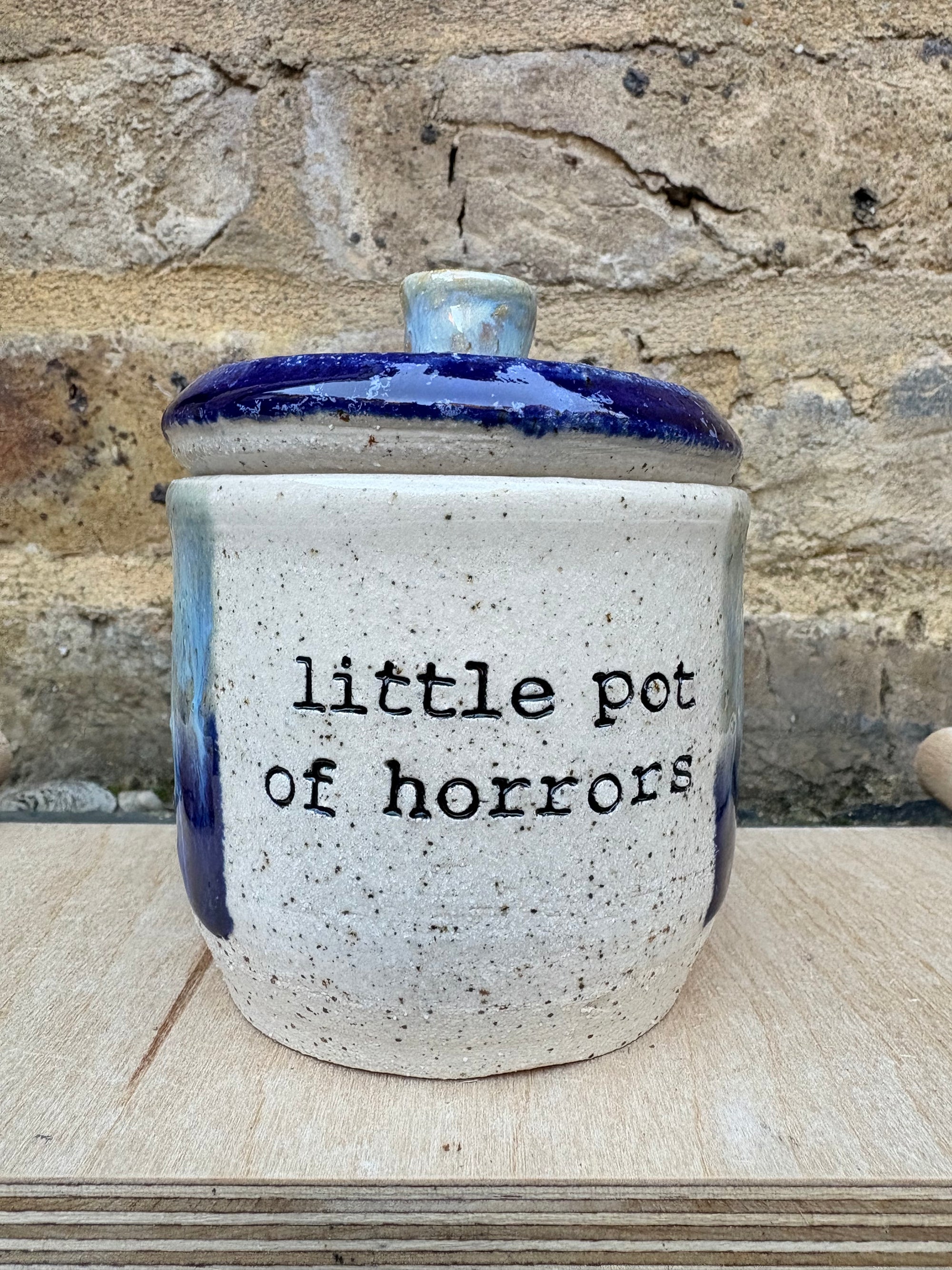 “little pot of horrors" lidded pot (blue night sky)
