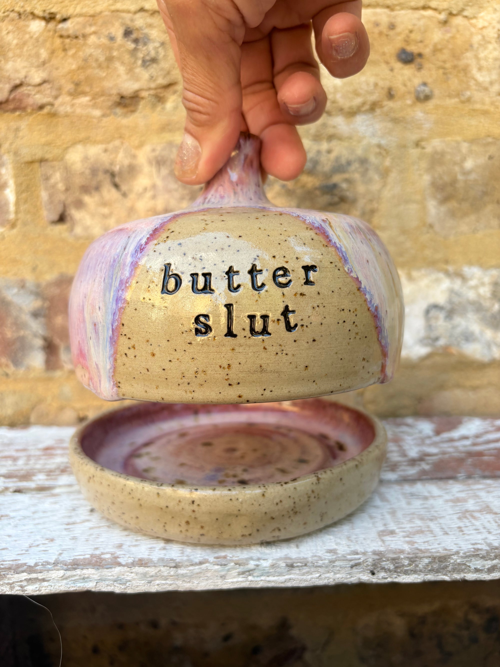 Butter Dish (butter slut, pink wood, flecked clay, knob)