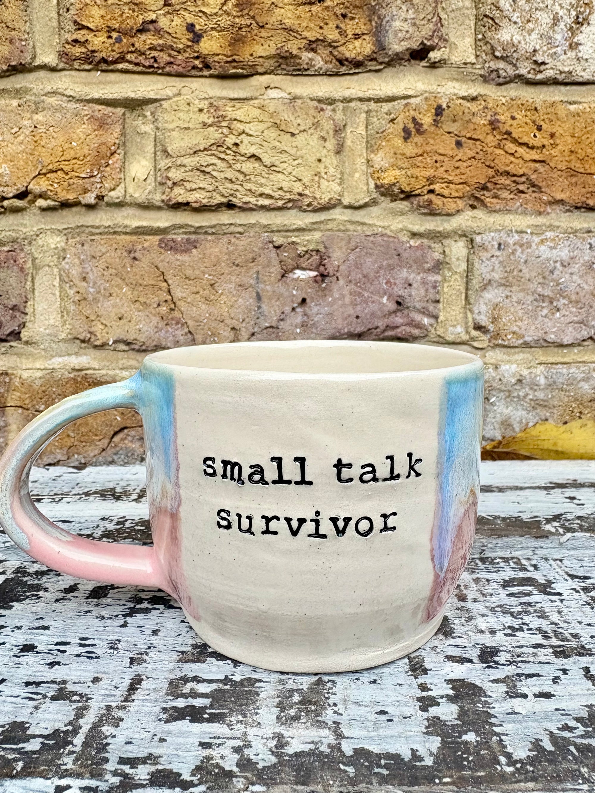 Small Talk Survivor mug (pinks and blue)
