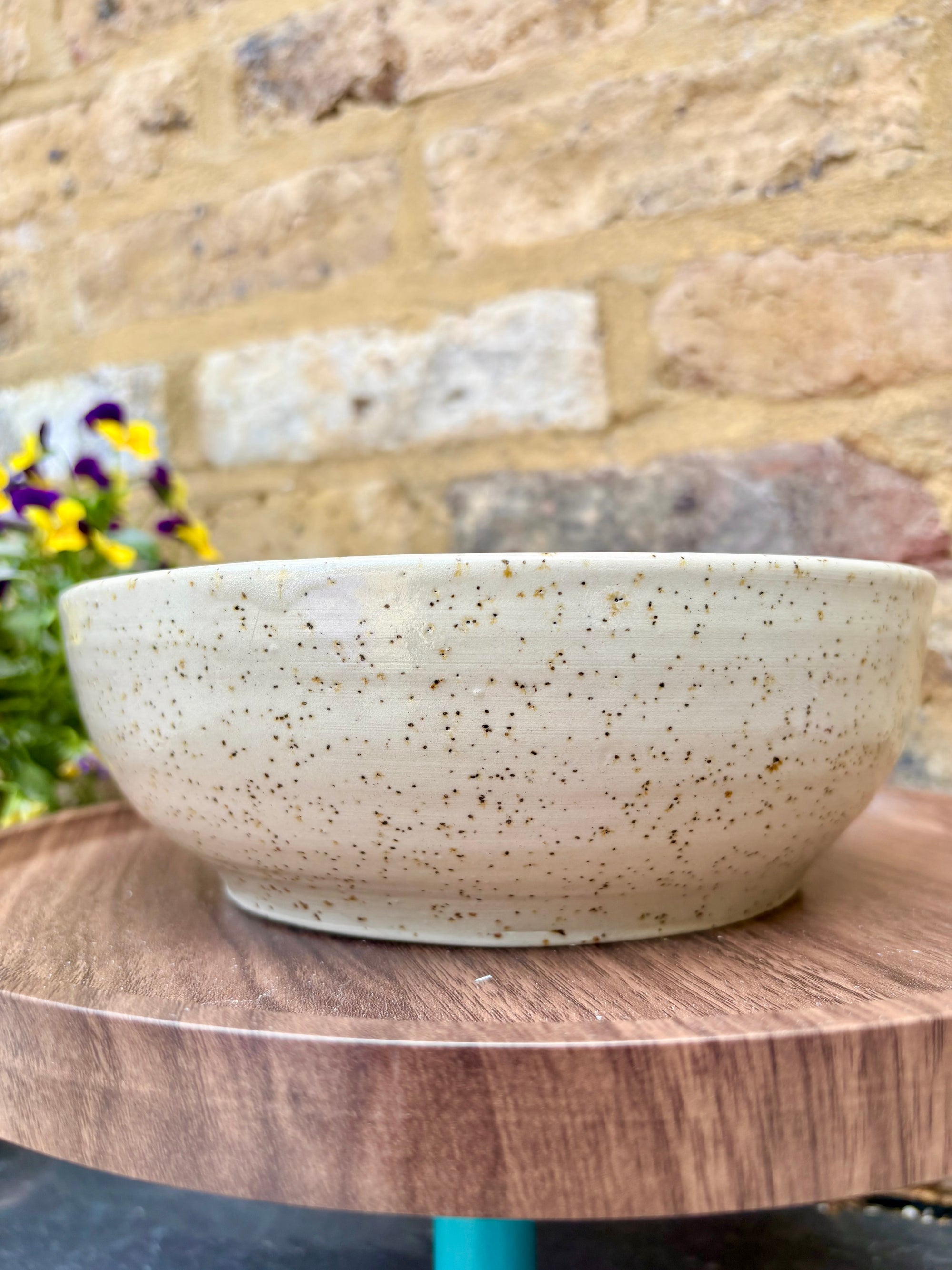 “eat, drink and fuck off by 9pm"  deep round salad/pasta bowl (pink, flecked clay)
