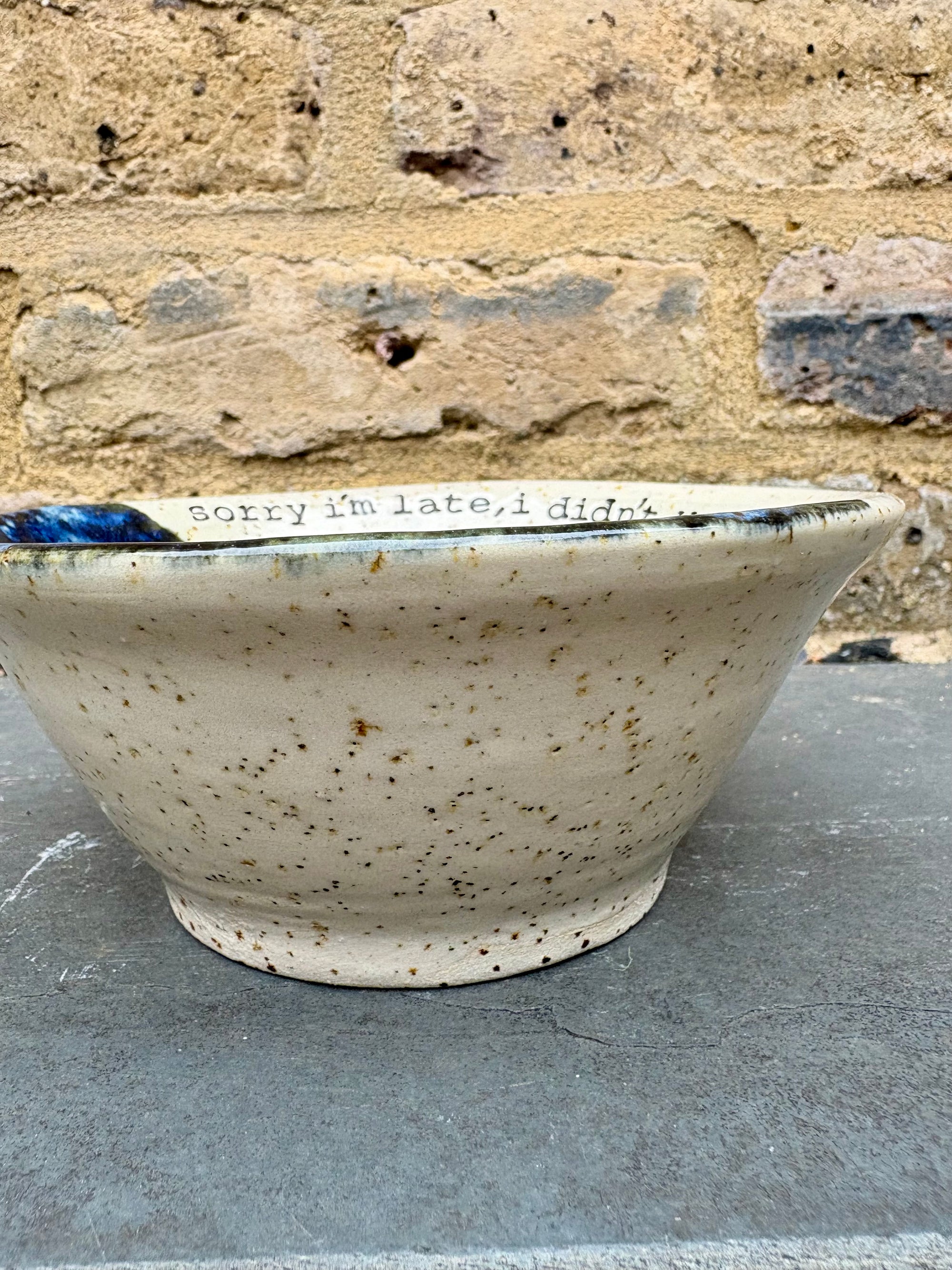 "sorry i'm late, I didn't want to come" bowl (blue)