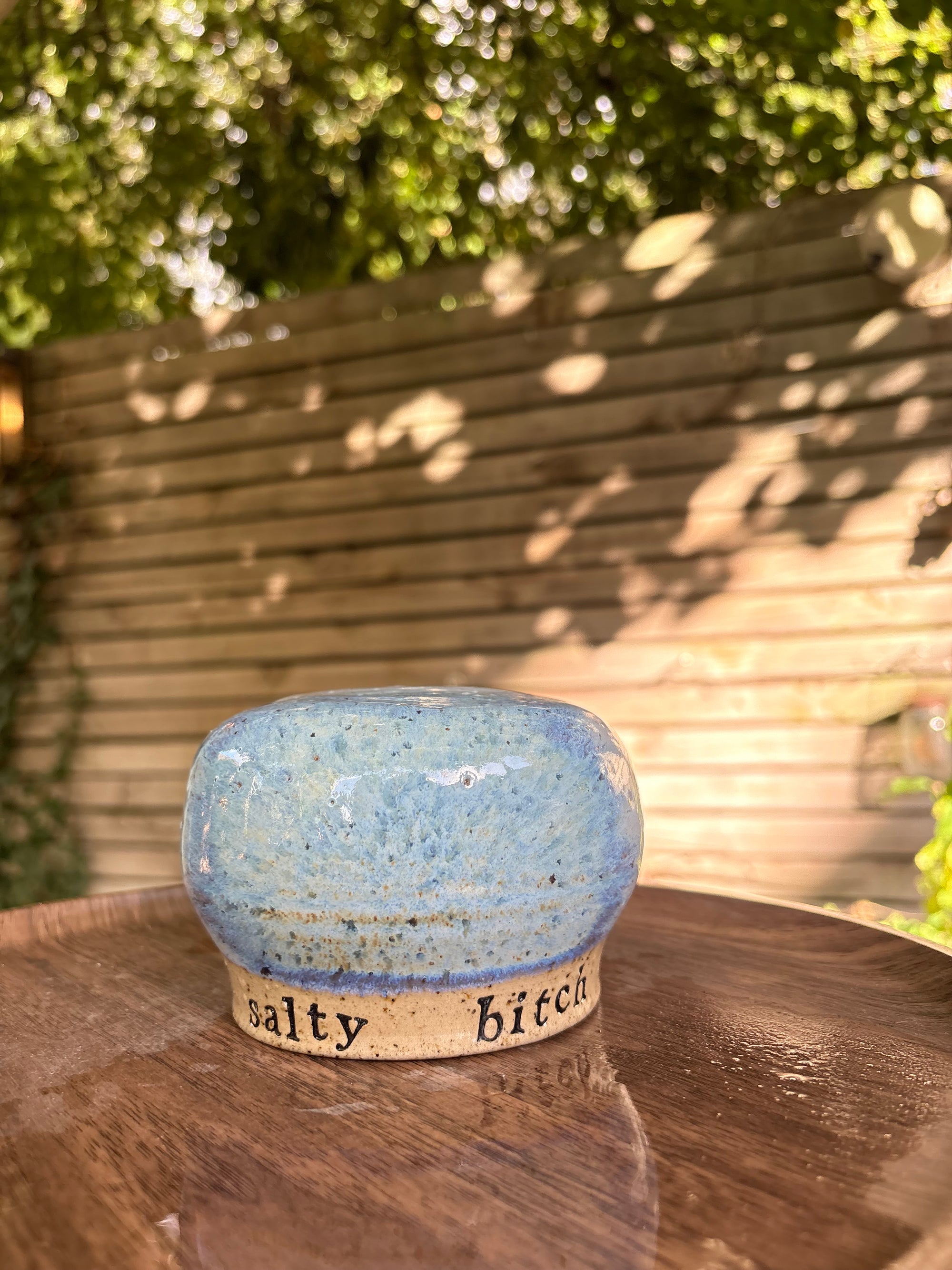 "salty  bitch" salt pig (L, blues, flecked clay)