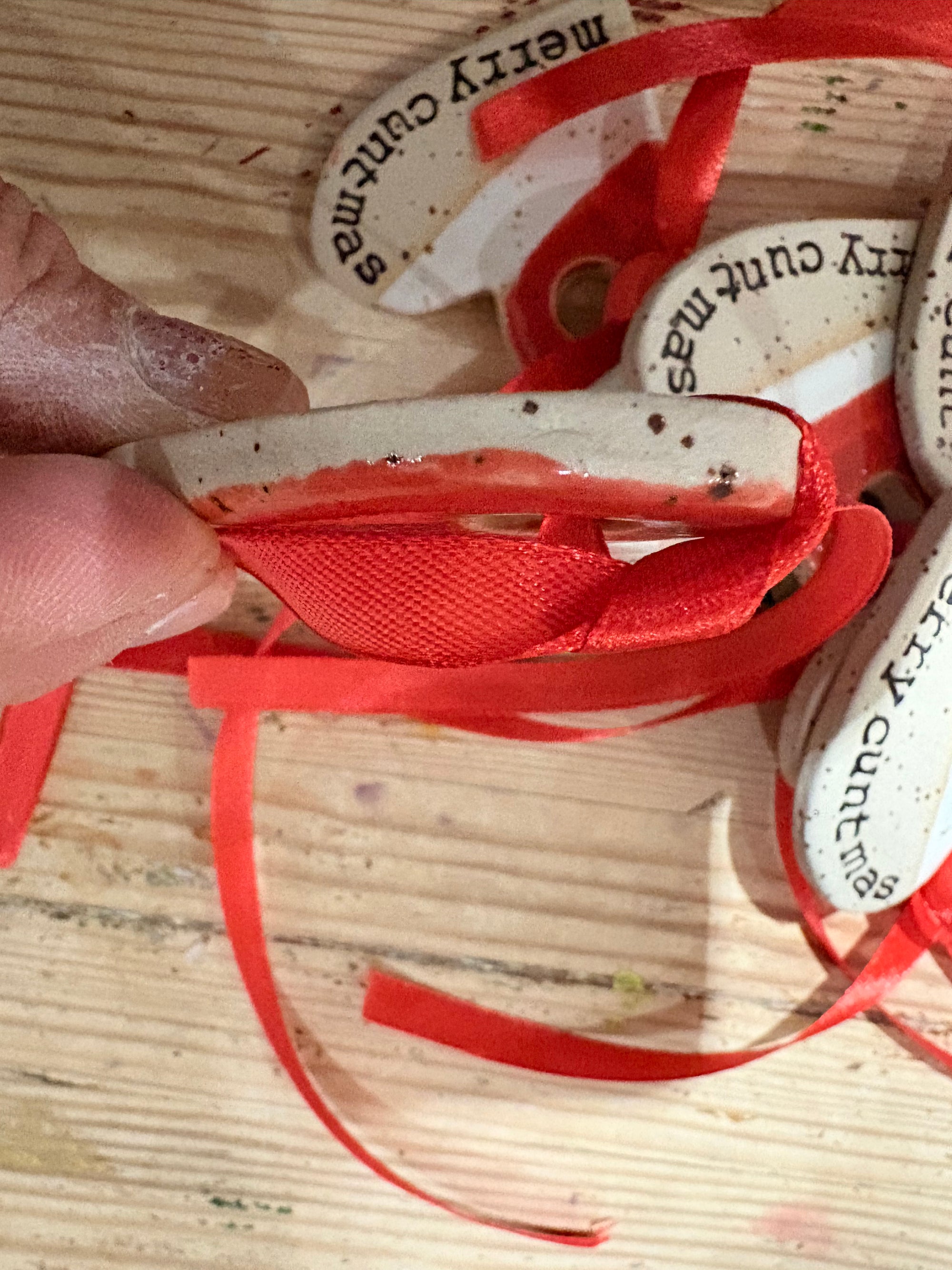 “merry cuntmas” hanging decoration (red and white, large)