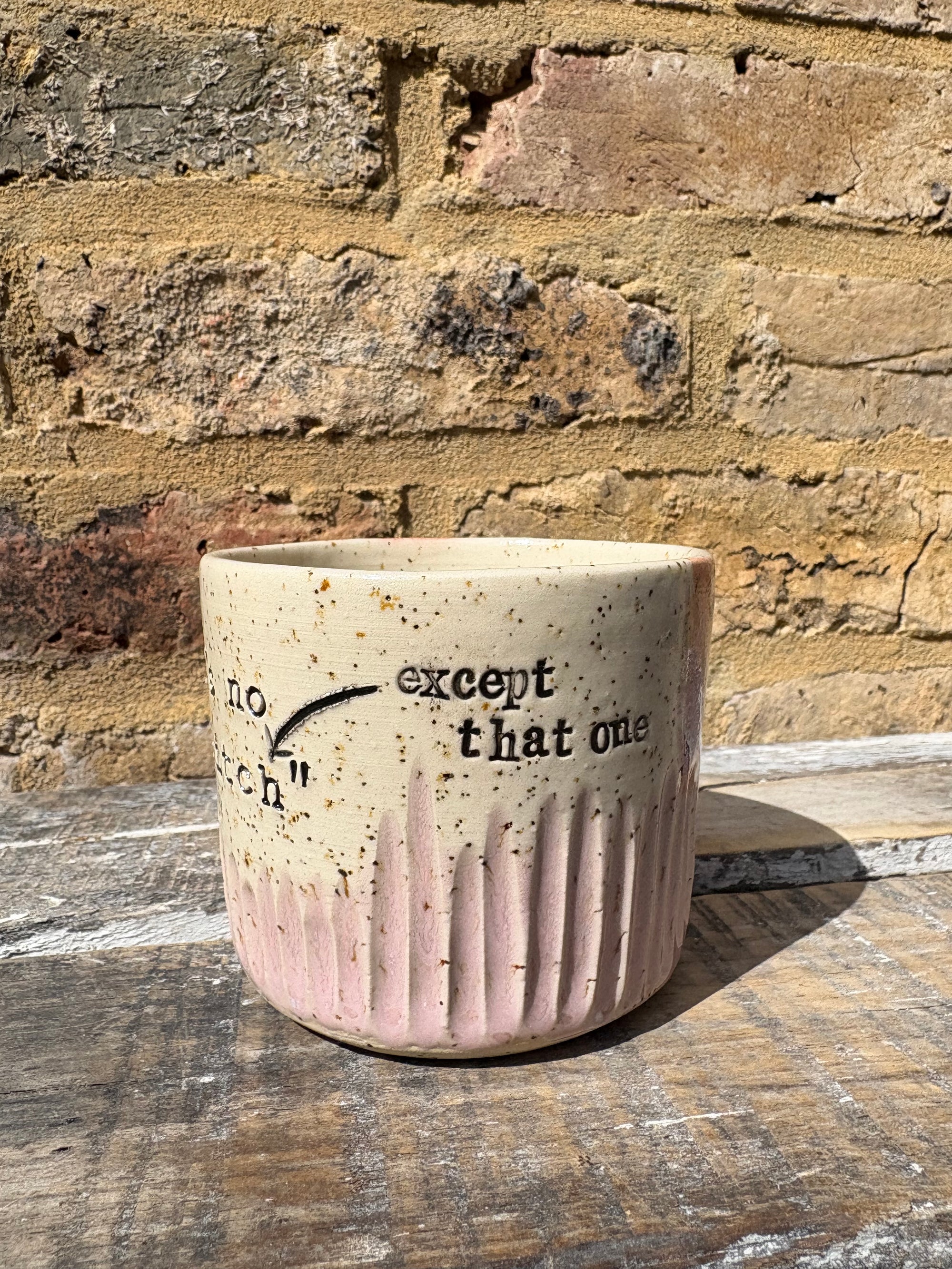 ""there's no "h" in "aitch" except that one" mug (pink)