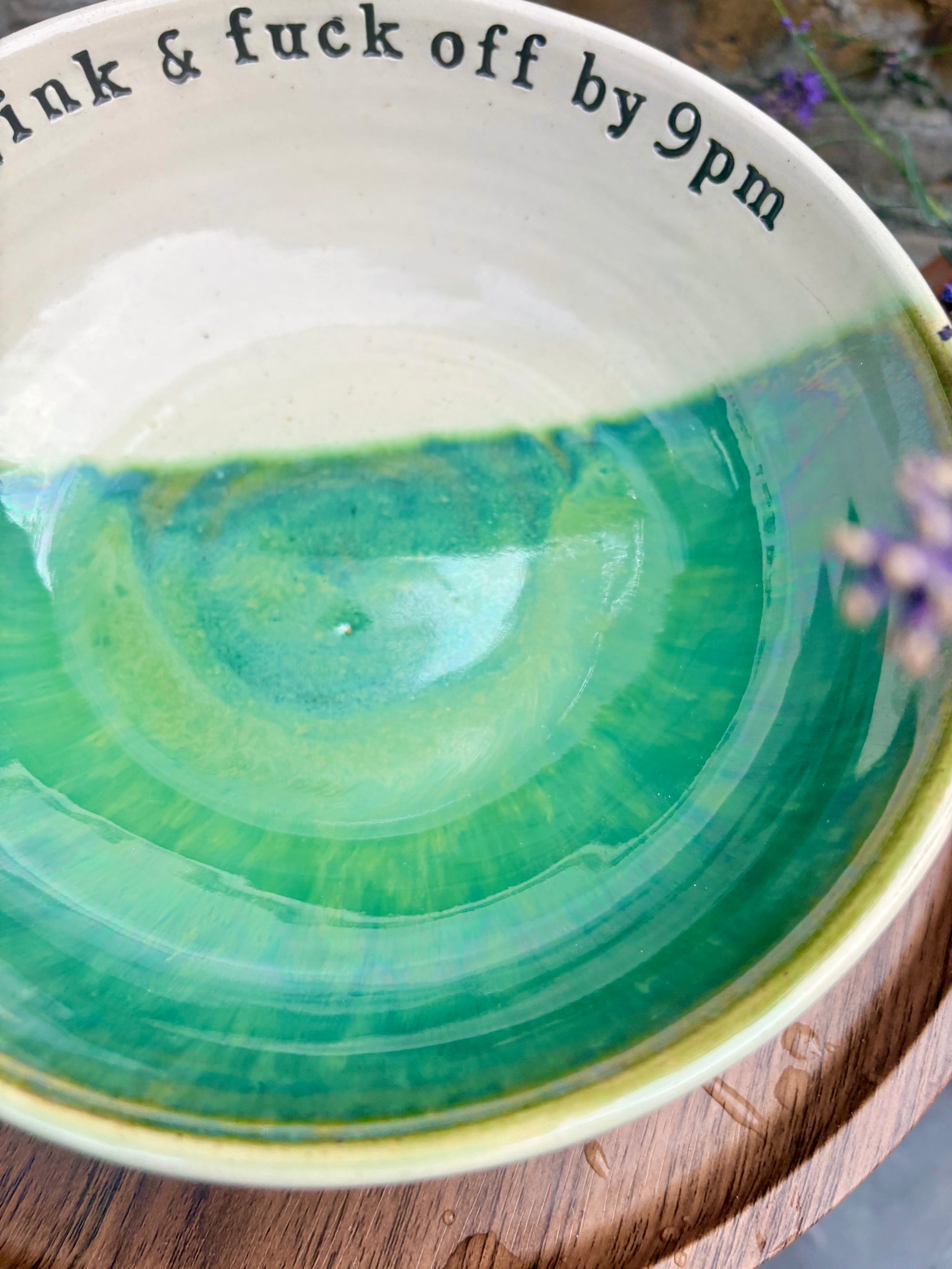 “eat, drink and fuck off by 9pm" round (ish) pasta/salad/serving bowl (green, cream clay)