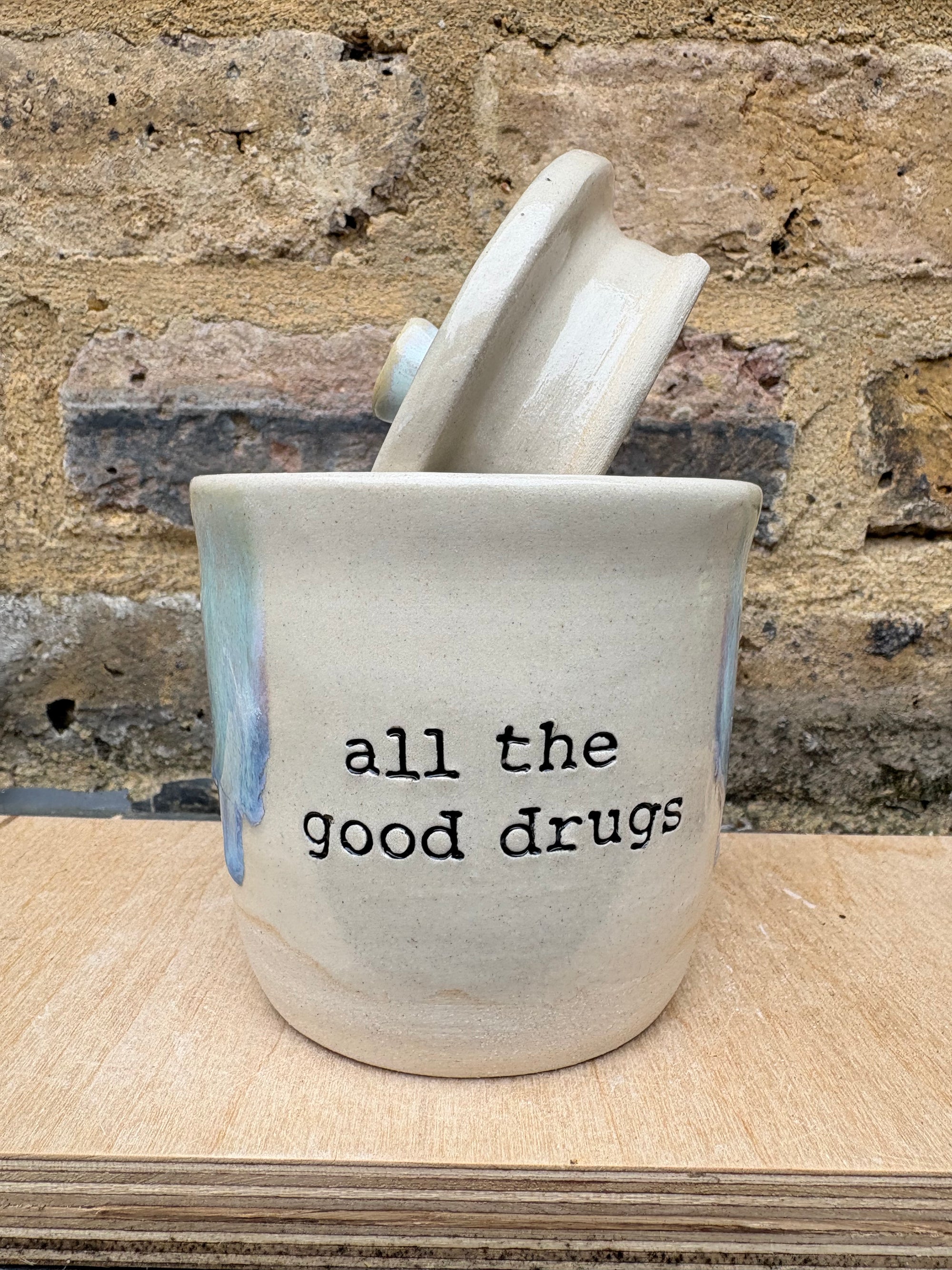 “all the good drugs" lidded pot (oyster blue)