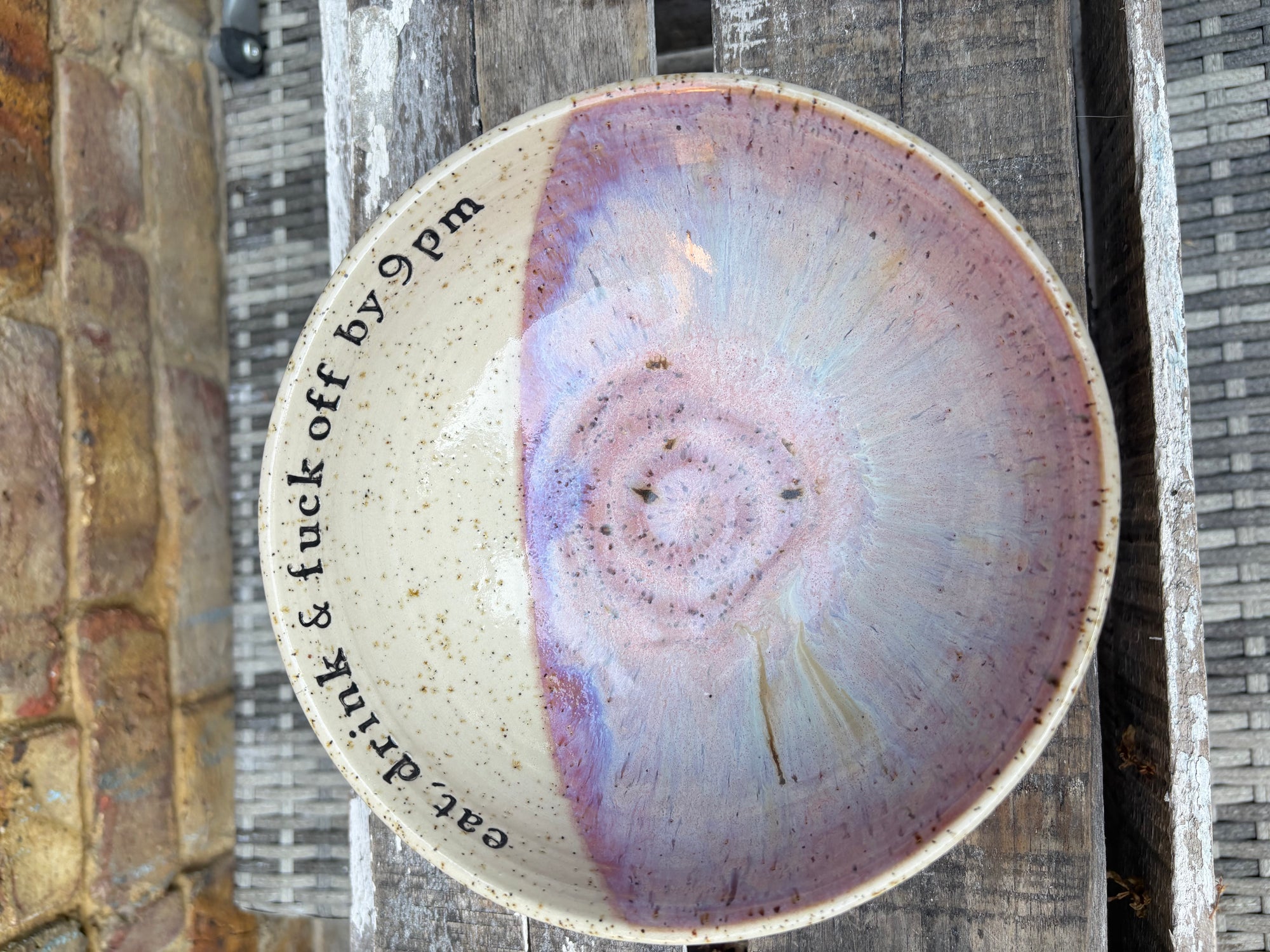 “eat, drink and fuck off by 9pm"  deep round salad/pasta bowl (lilac, flecked clay)
