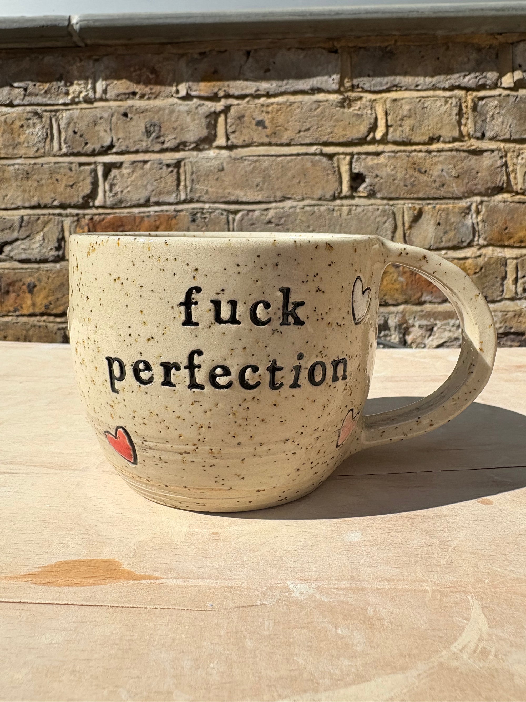 "fuck perfection" mug (pink/red hearts)