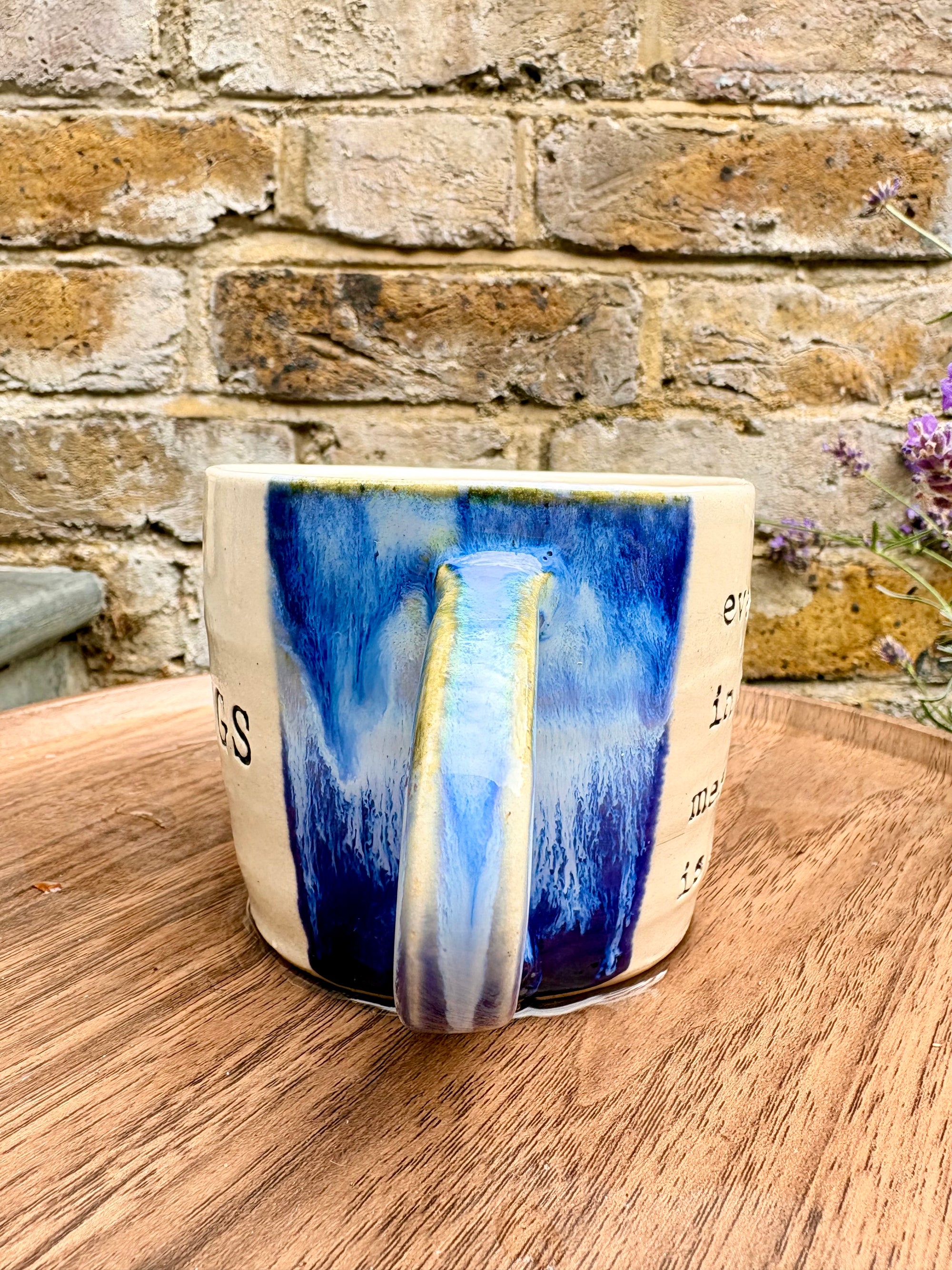 "I 🩷 meetings” "everyone in this meeting is a wanker" mug (blues, left)