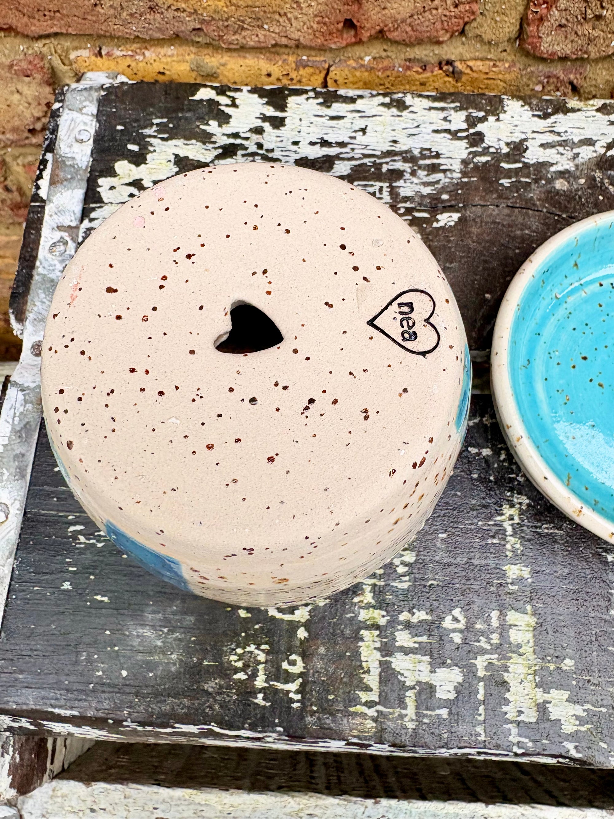 "don't let me die" planter with matching dish (blue stripe)