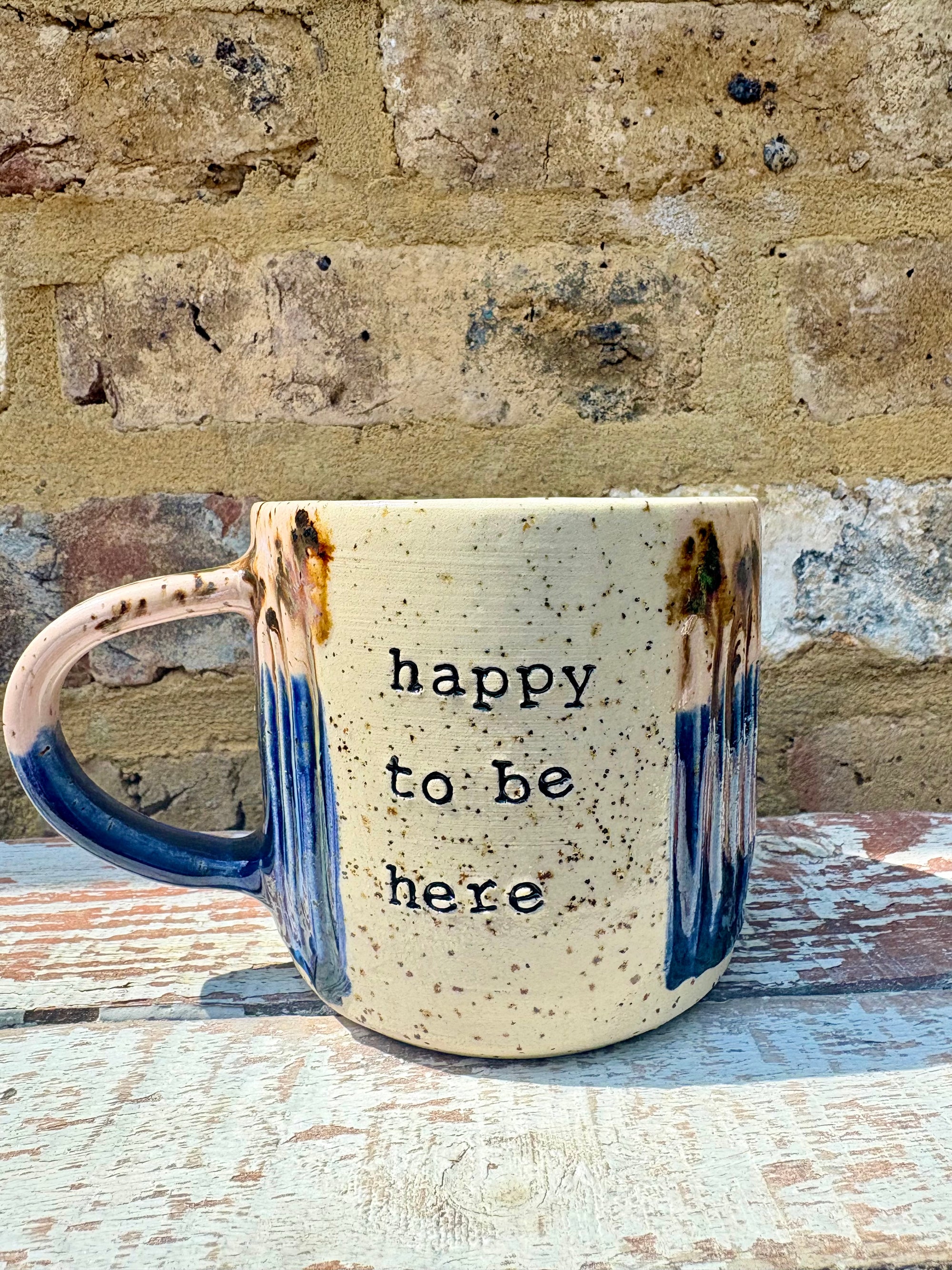 "happy to be here” "what a bunch of cunts" mug (pink/blue, grooves)
