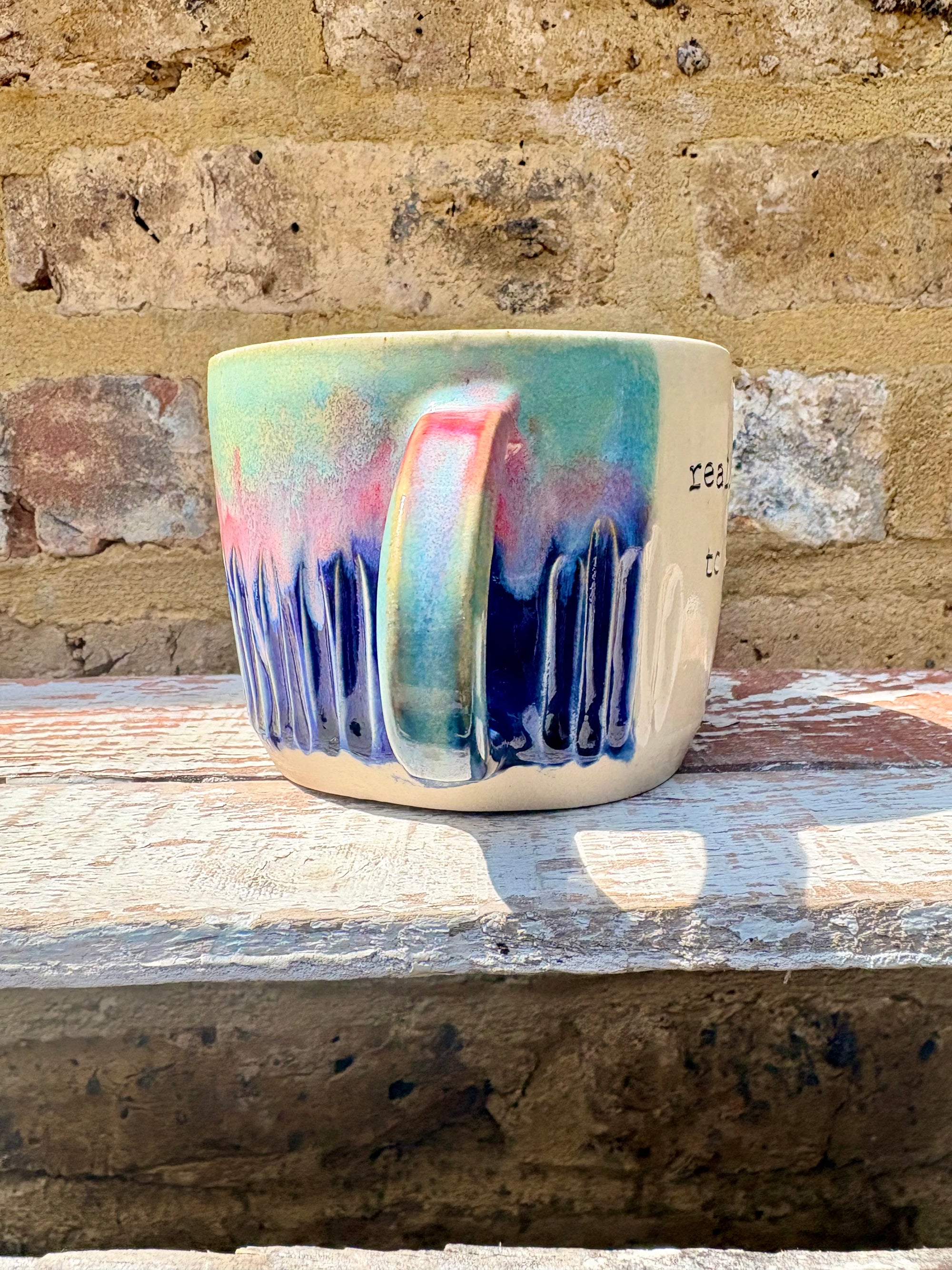 XL "really happy to be here” "what a bunch of cunts" mug (pink night sky, grooves)