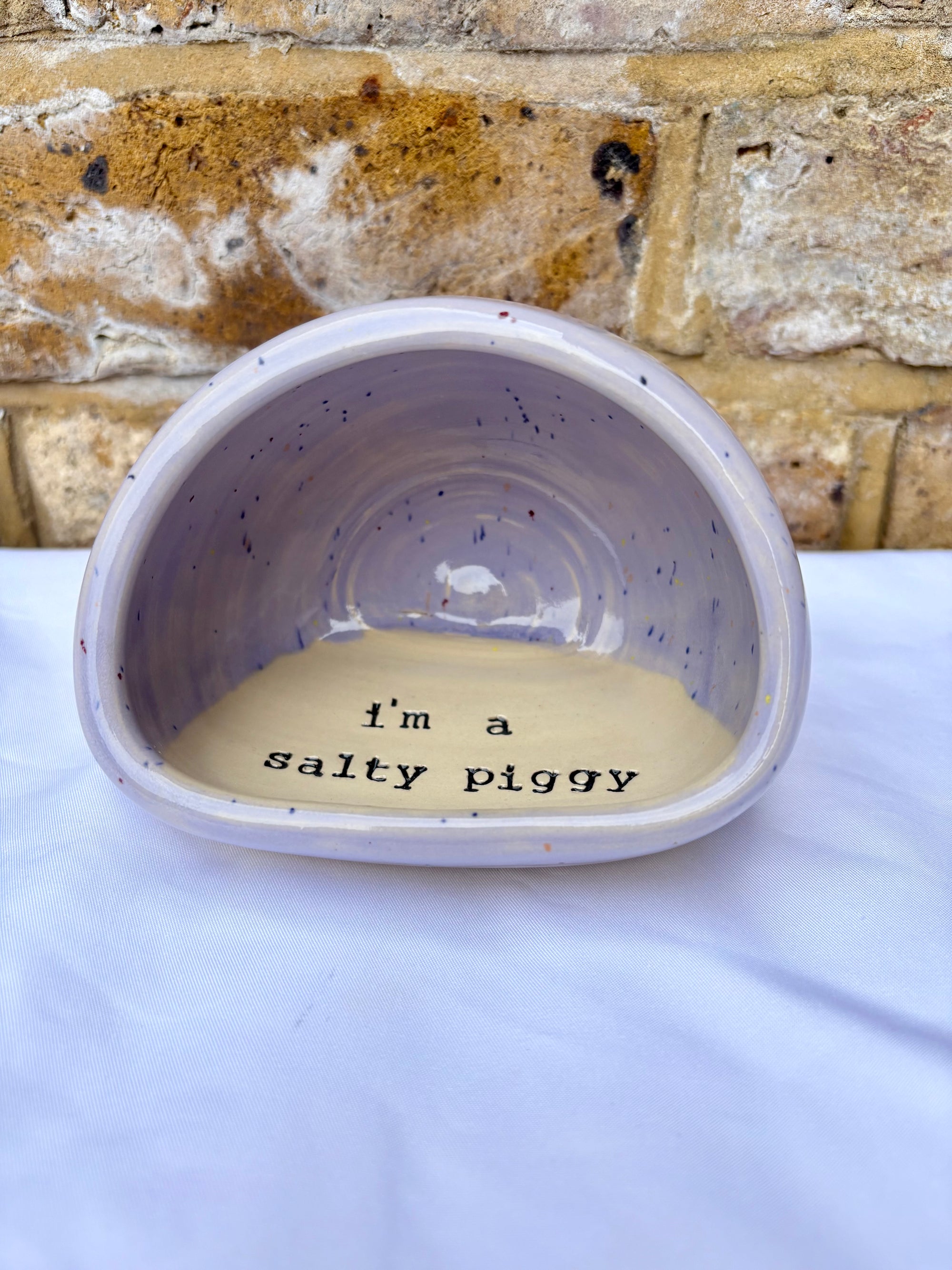"I'm a salty piggy" Salt Pig (wheelthrown, lilac speckle glaze)