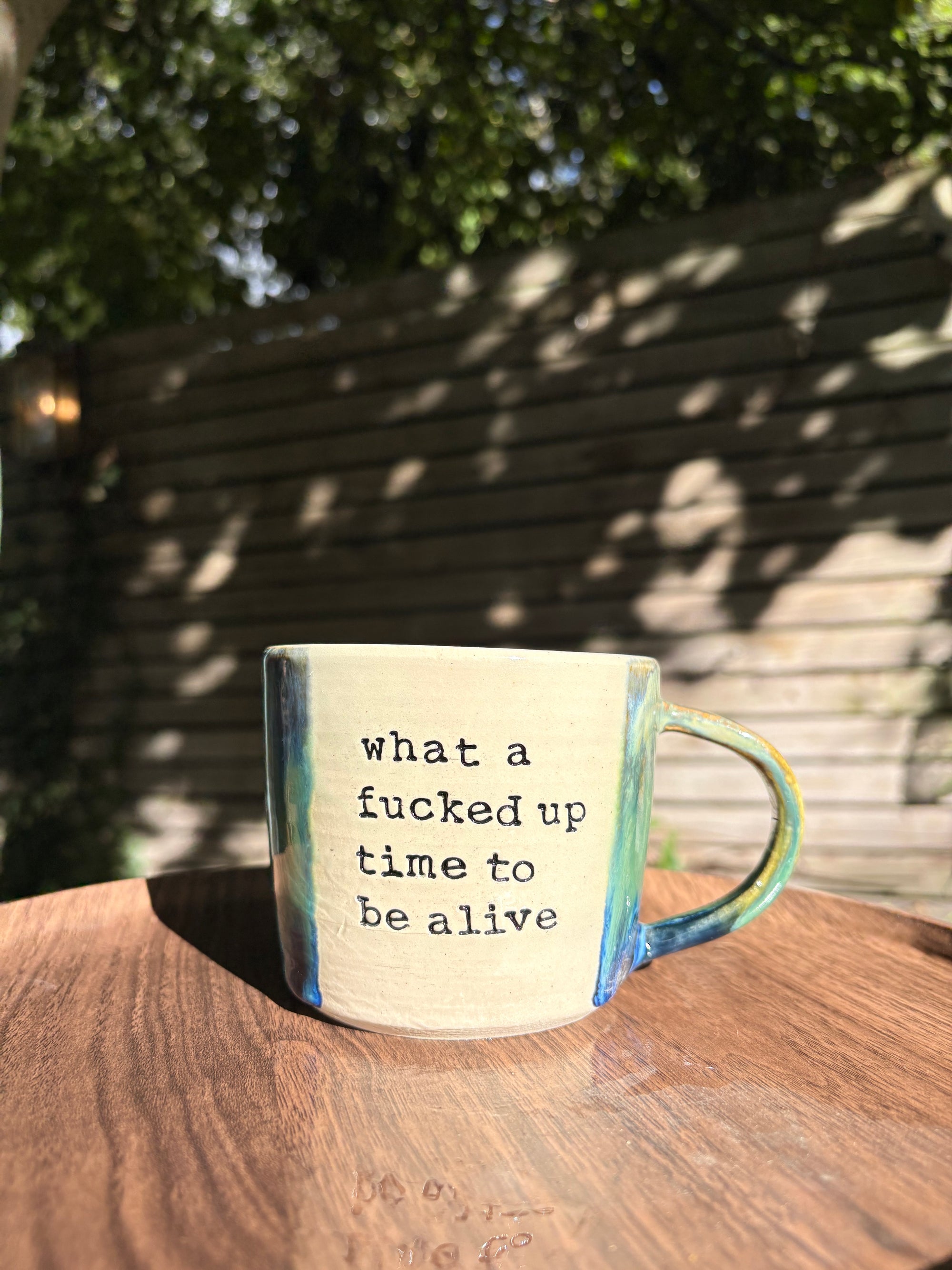 "what a fucked up time to be alive" mug (green/blue)
