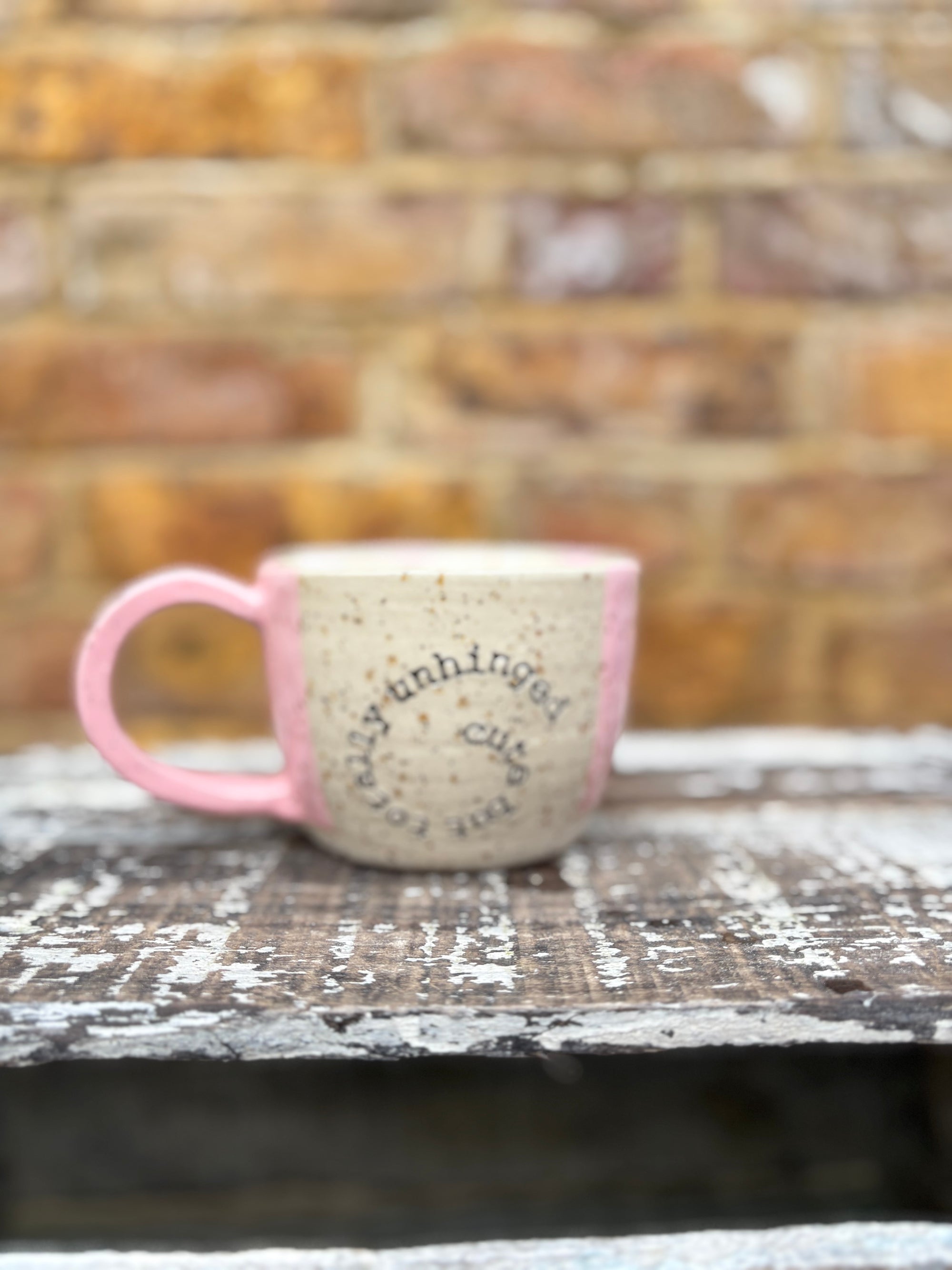 "cute but totally unhinged" mug (pink/white stripe)