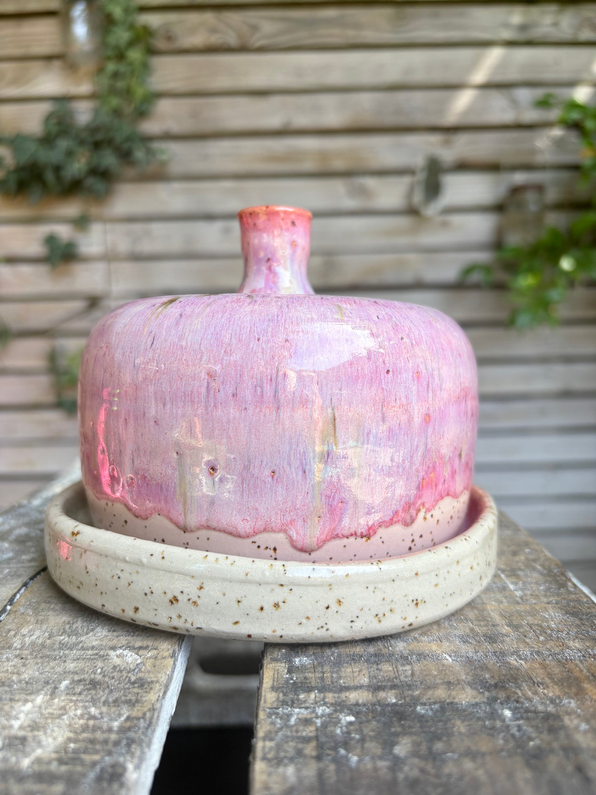 Butter Dish (butter slut, pink wood, flecked clay, knob)
