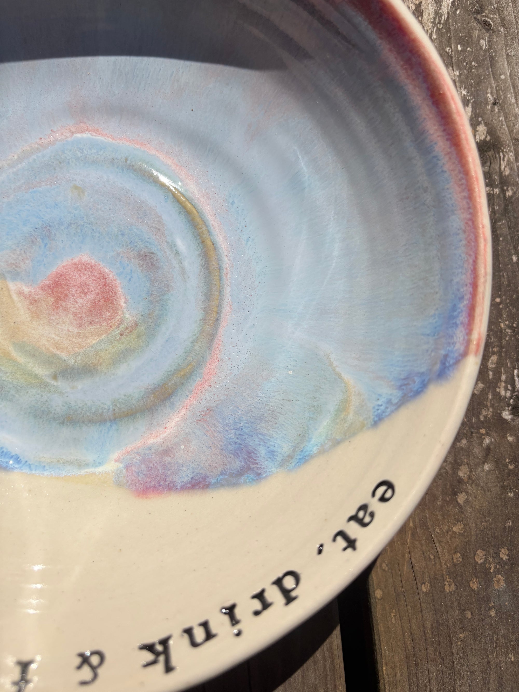“eat, drink and fuck off by 9pm"  round salad/pasta bowl (pastels, cream clay)