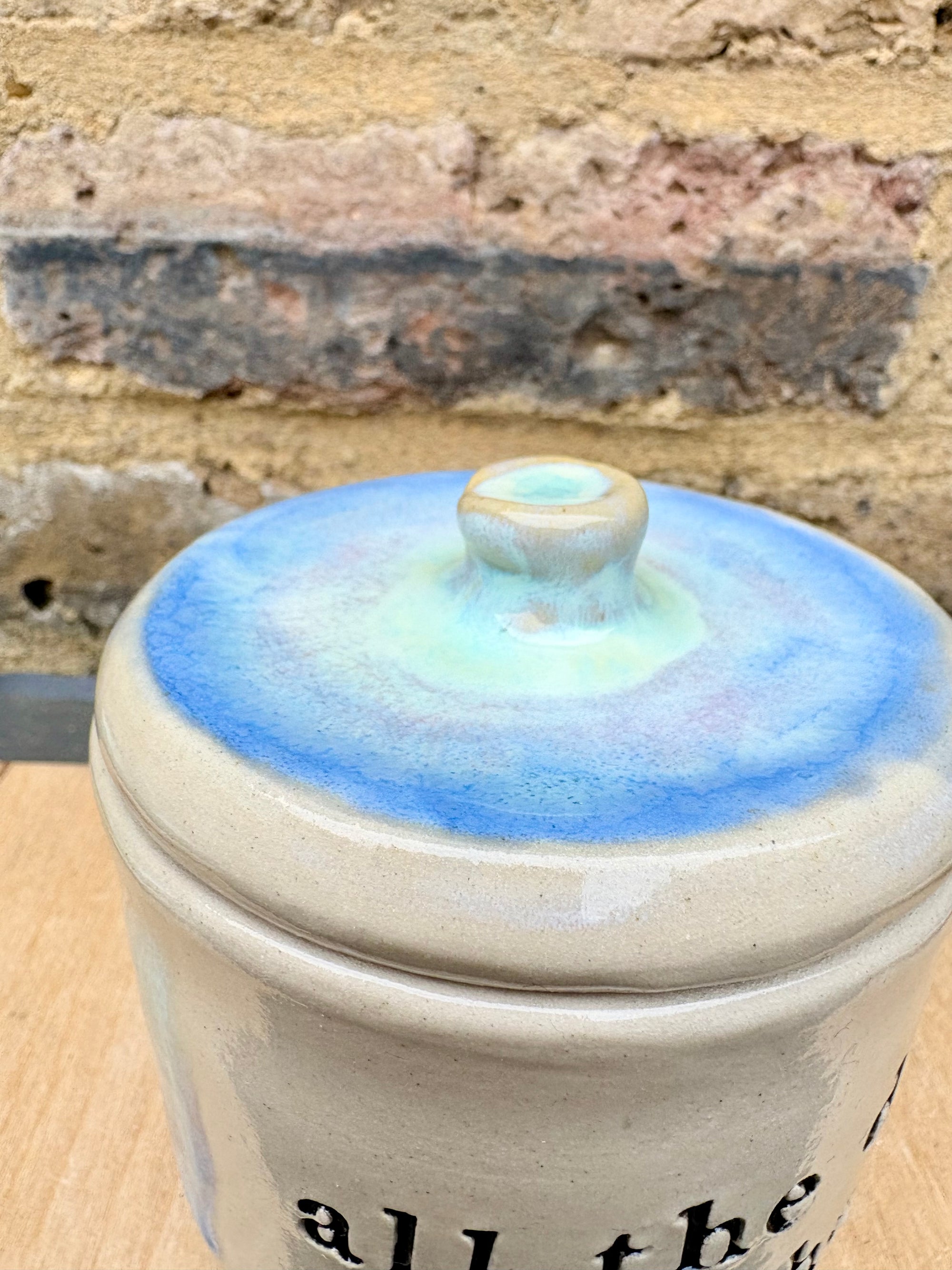 "all the drugs live here" lidded pot (oyster blue)