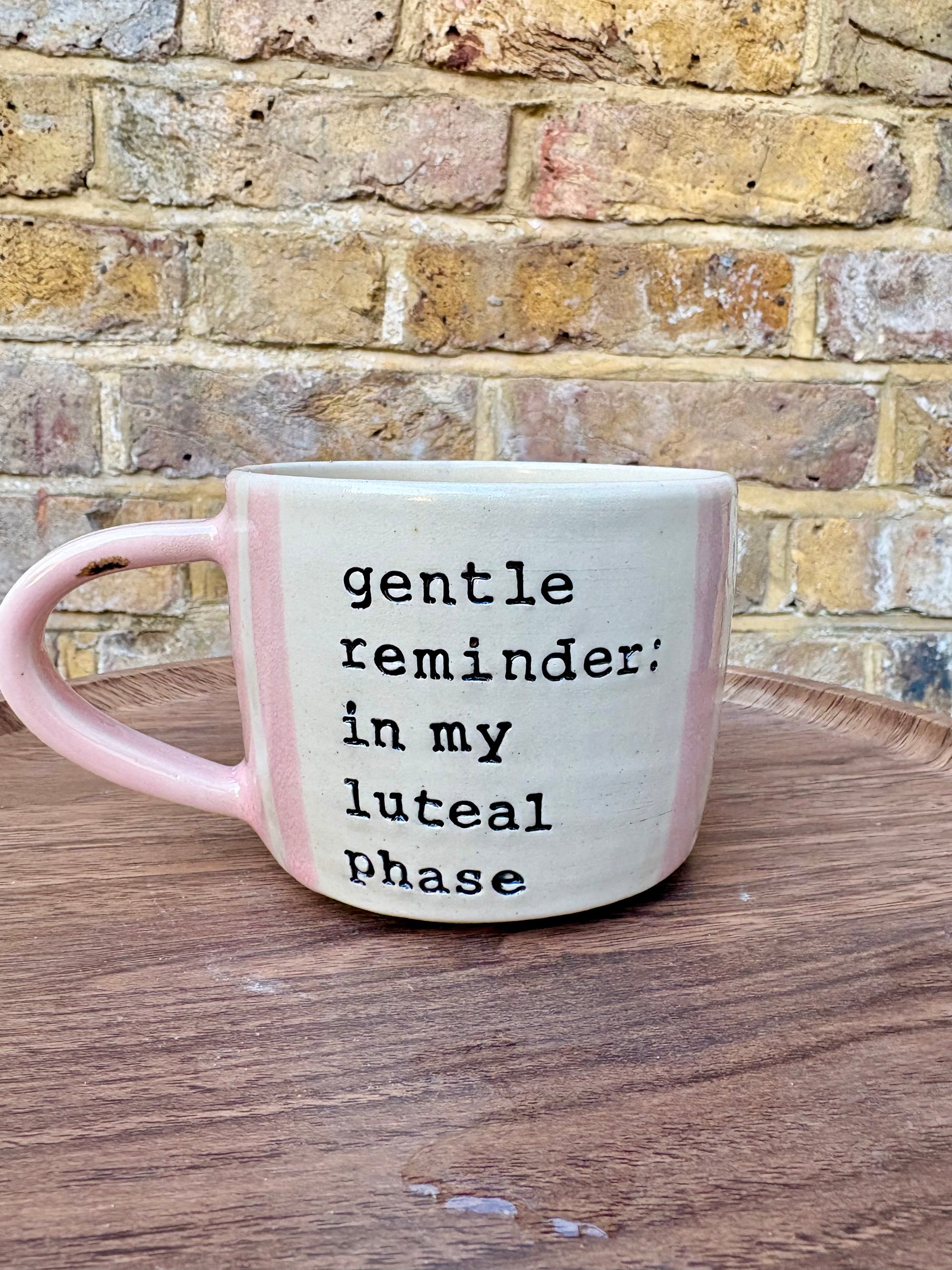 "Gentle reminder: in my luteal phase” "so cunt off you cretinous fuckwit " mug (pink stripe)