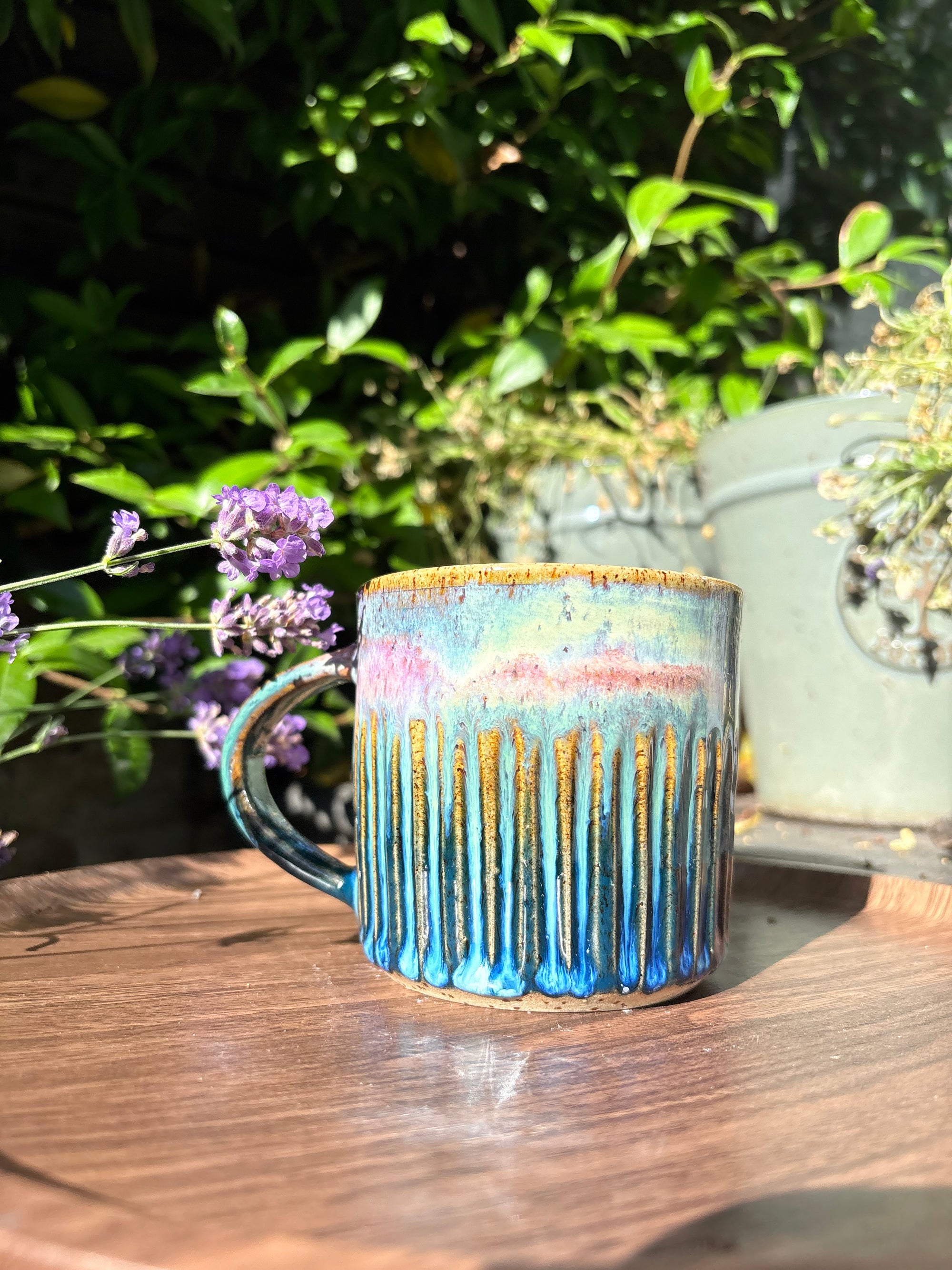 "menopausal and fresh out of fucks" mug (green/blue)